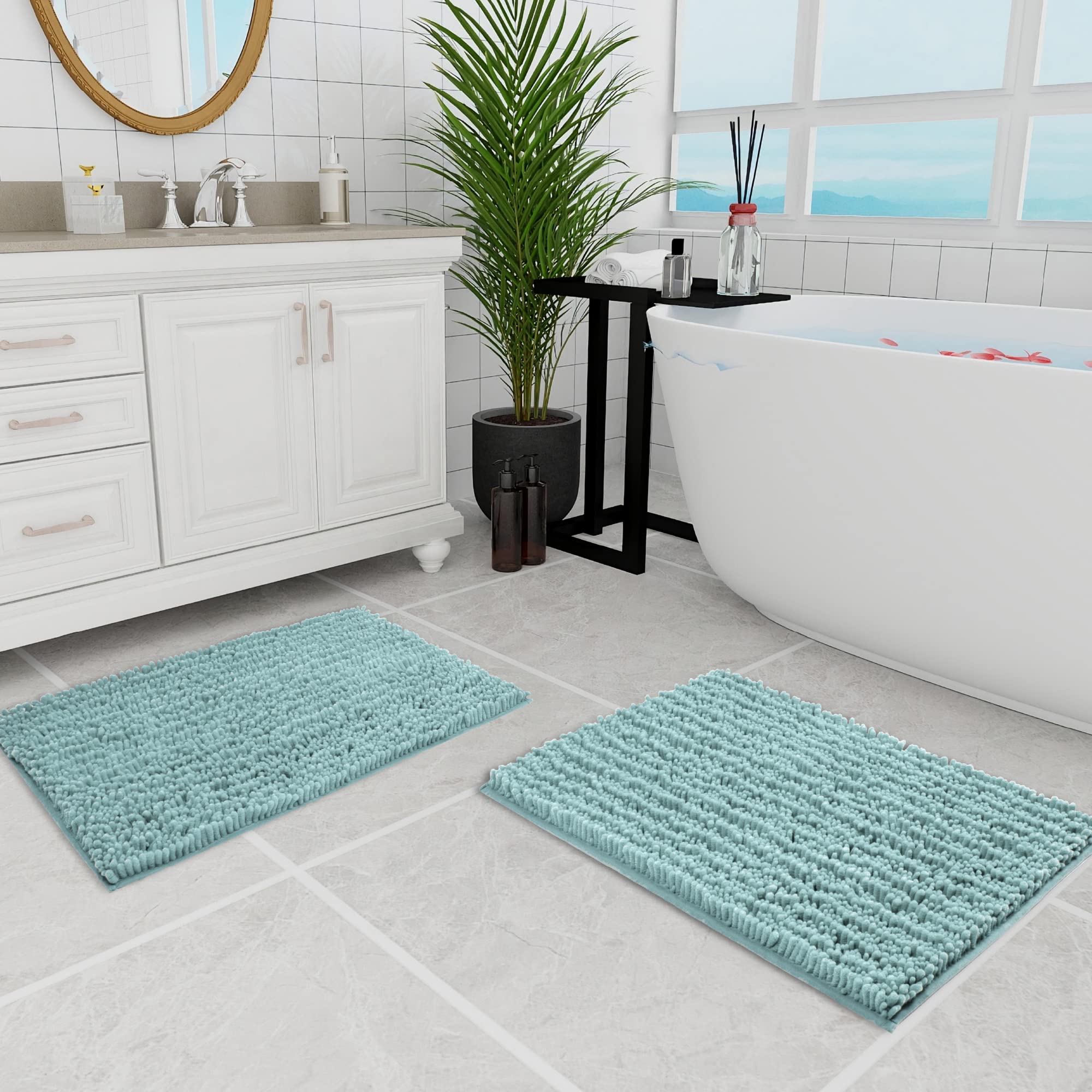 Walensee Bathroom Rug 2 Pieces Set Non Slip Bath Mat (20''X32'' Plus 20''X32'' Spa Blue) Water Absorbent Super Soft Shaggy Cheni