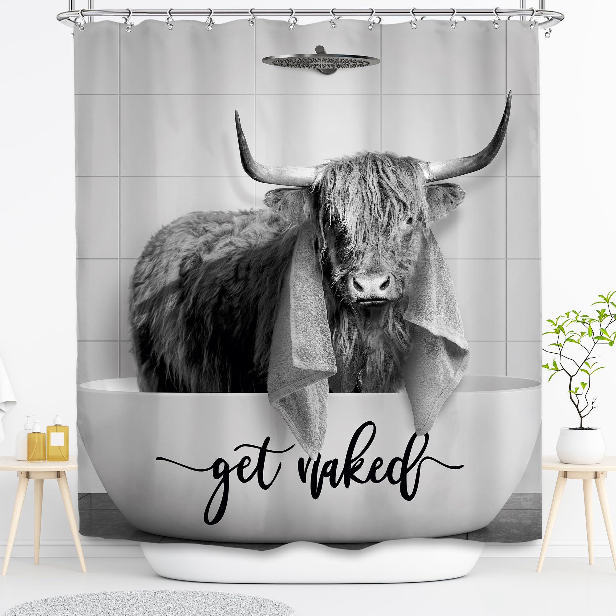 Svbright Highland Cow Shower Curtain 60Wx72L Inch Rustic Gray Bull Cattle Vintage Rustic Farmhouse Animal Wildlife Western Farm