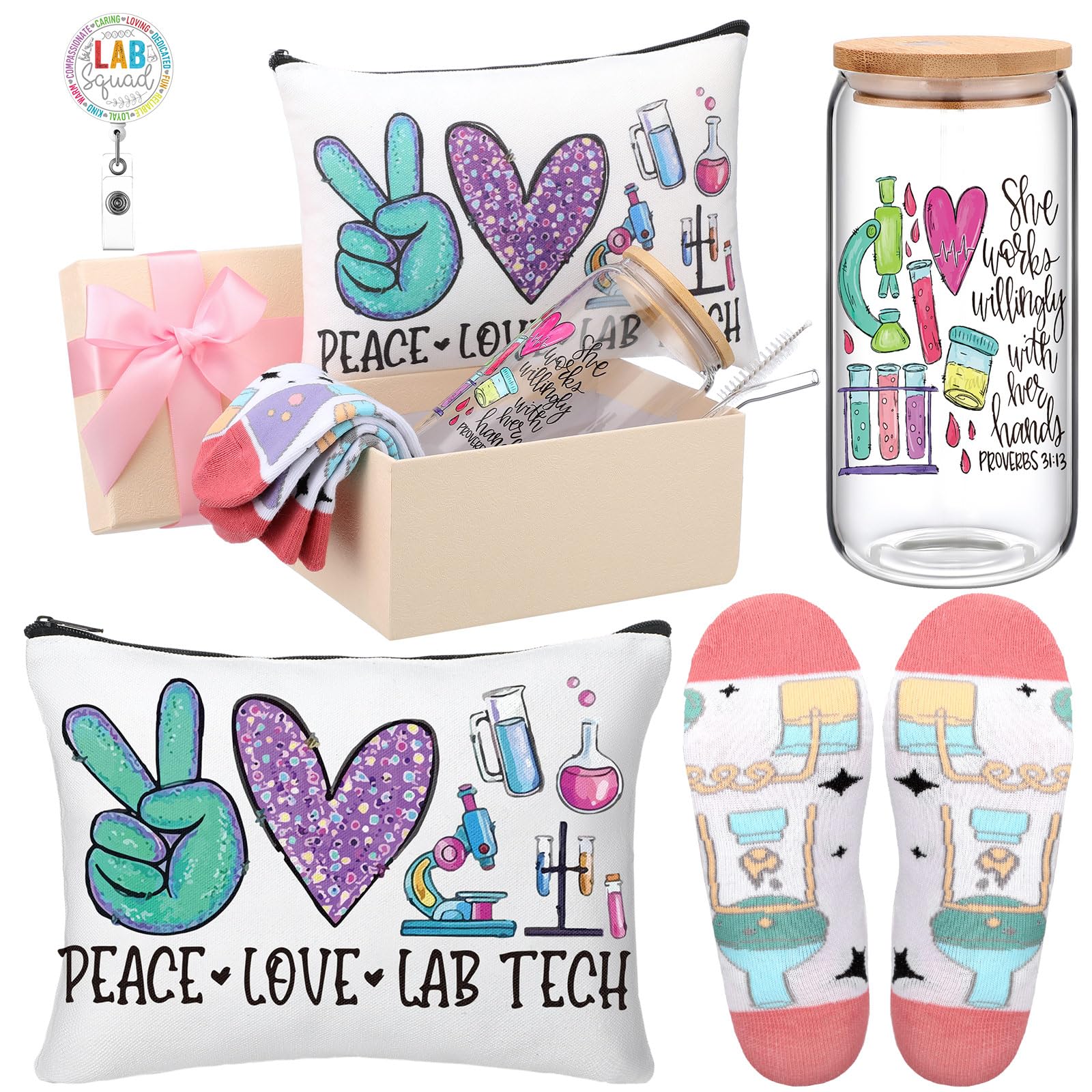 Skylety 5 Pcs Lab Tech Gifts for Women 16oz Glass Cup Sock Bag Badge Reel Medical Laboratory Tech Appreciation Gift Box Thank Yo