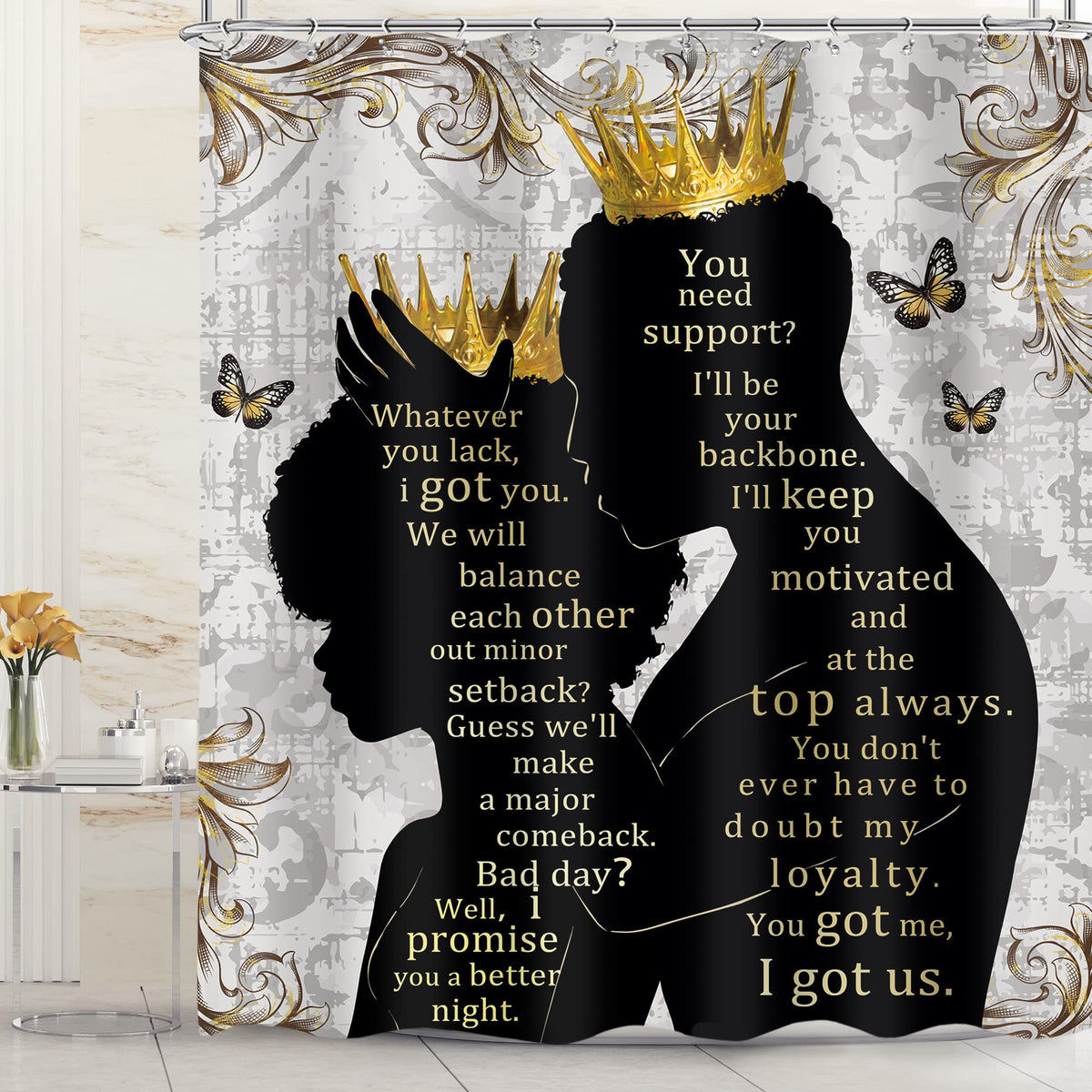 Omifly African American Women Men Shower Curtain 60Wx72H Inch Afro Black Queen King Luxury Gold Crown Inspirational Quotes Butte