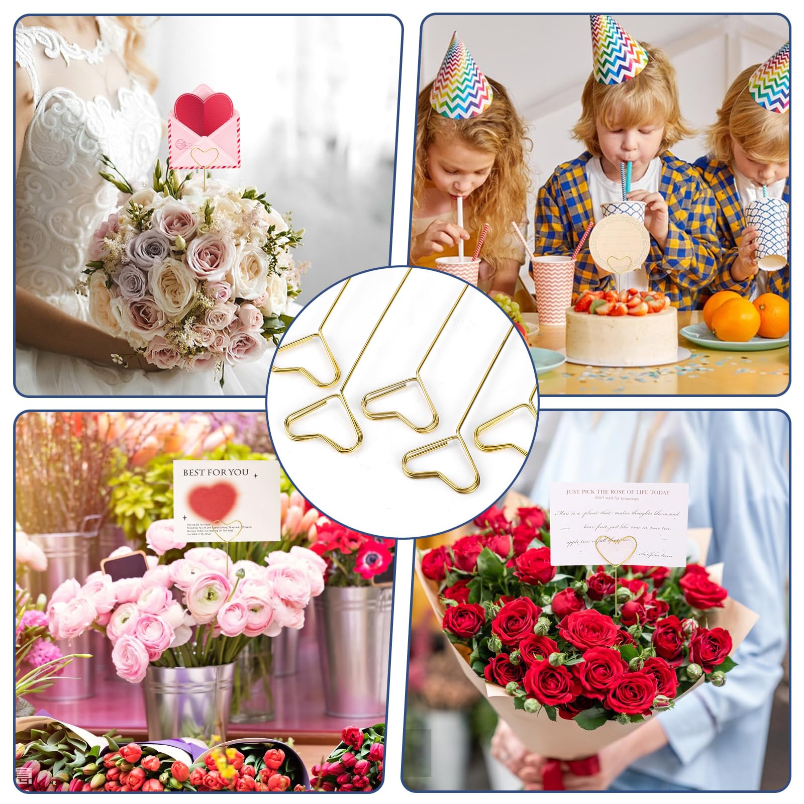 40Pcs Floral Picks Metal Floral Place Card Holder, Floral Card Holder Picks, Heart Loop Picture Holders, Flower Card Holder Stic