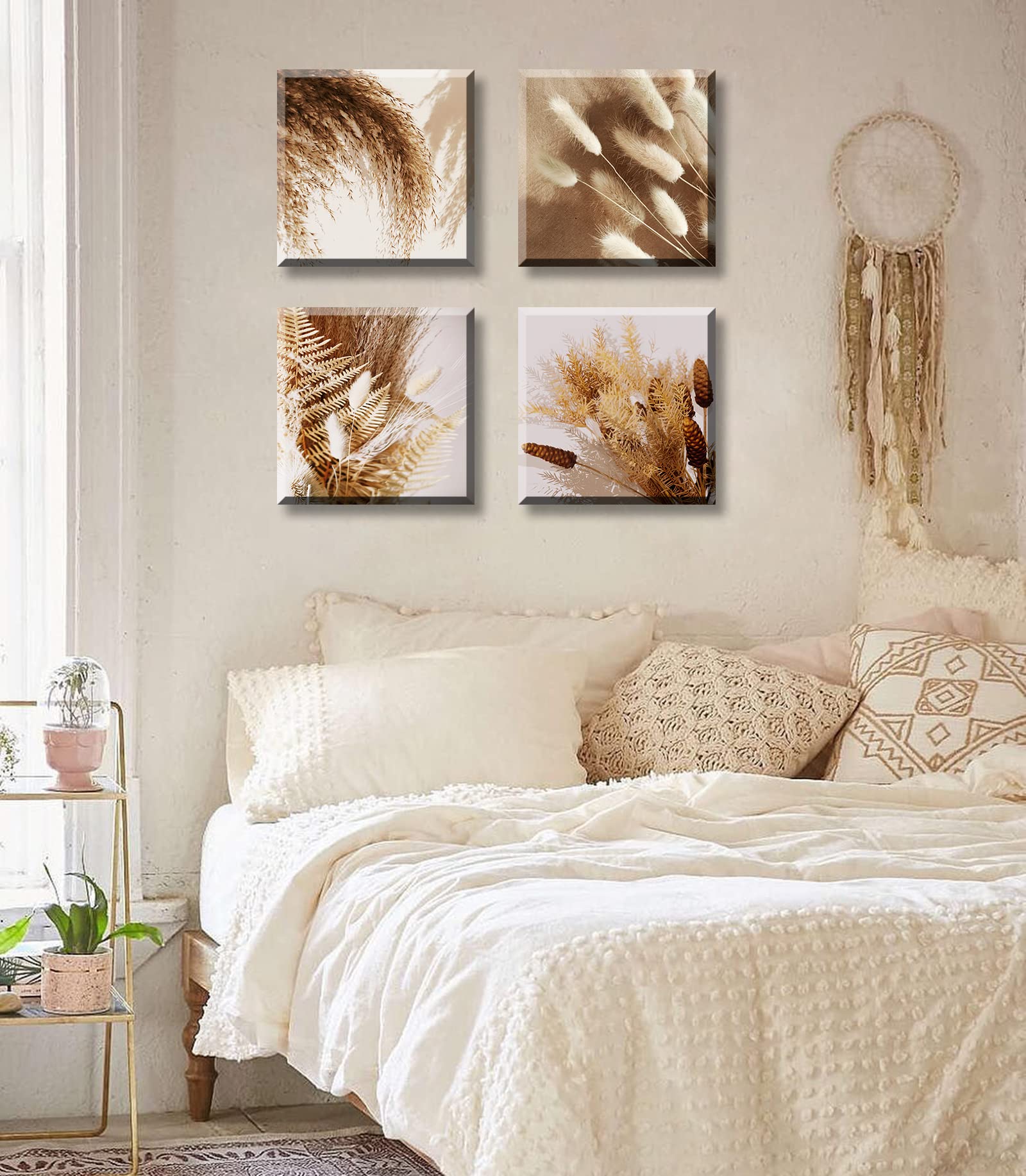 Boho Decor Botanical Wall Art - Neutral Fall Wall Decor Modern Farmhouse Decoration Plant Dried Floral Grass Canvas Print Home Bedroom Living Room Wall Decorations Set of 4(Framed 12x12in)