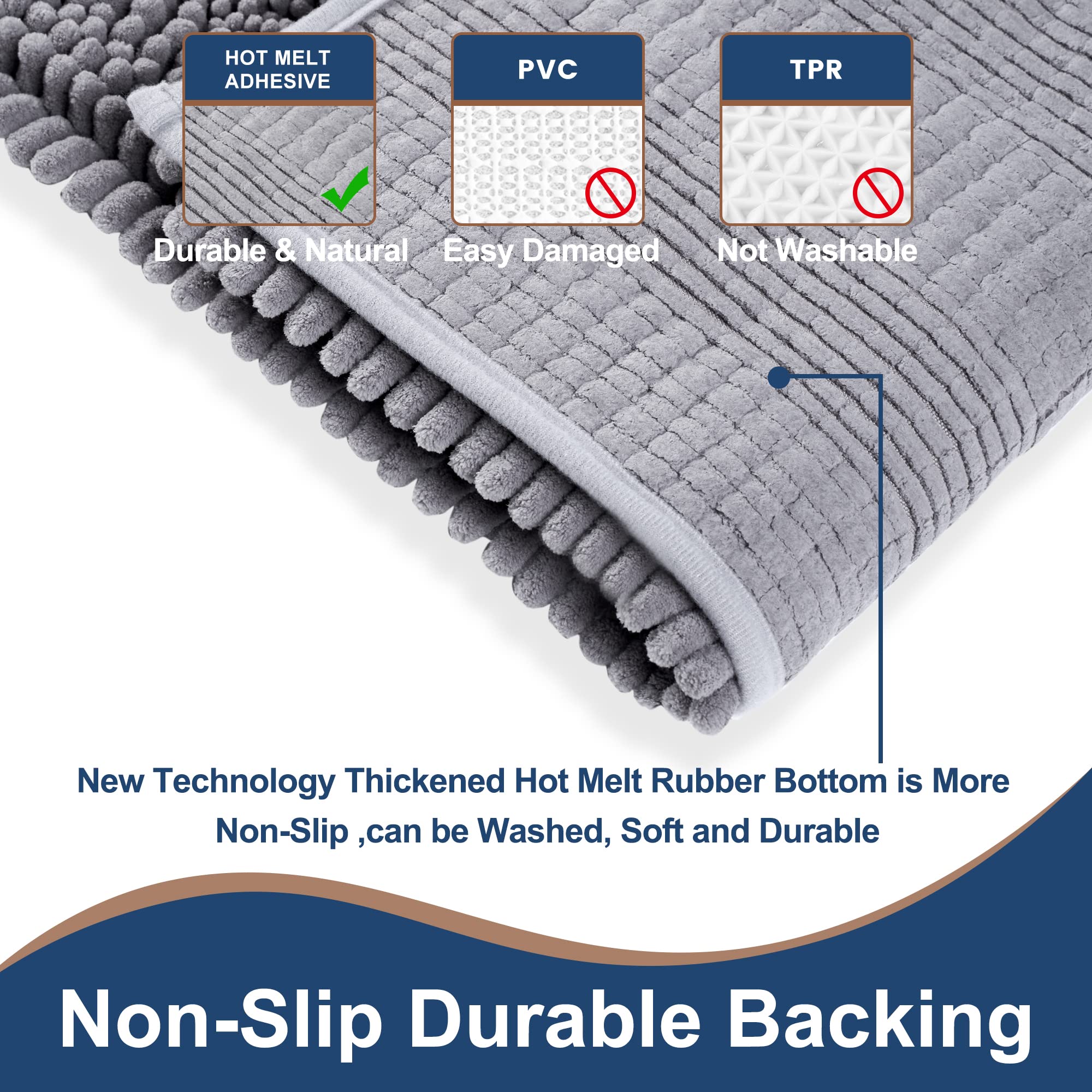 Floleopa Non Slip Thick Shaggy Chenille Grey Bathroom Rug Sets 2 Piece, Thickened Hot Melt Rubber Bottom Bath Mats For Bathroom,