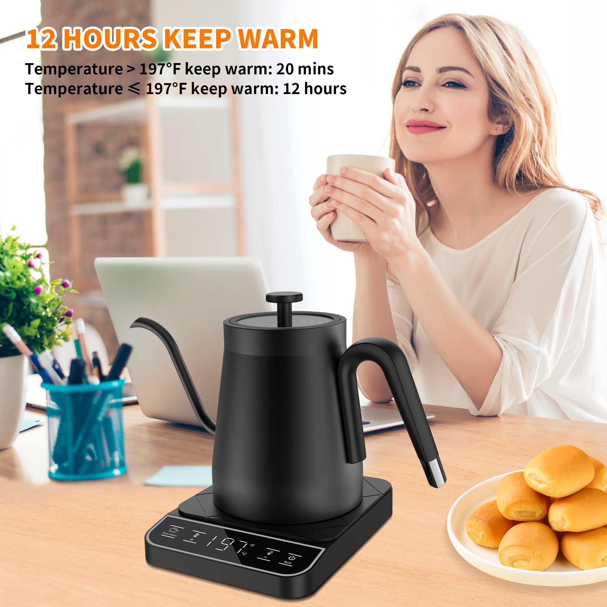 Binroc Electric Gooseneck Kettle, 1? Temperature Control One Click 197? Pour Over Kettle For Coffee & Brew Tea, Hot Water Boiler