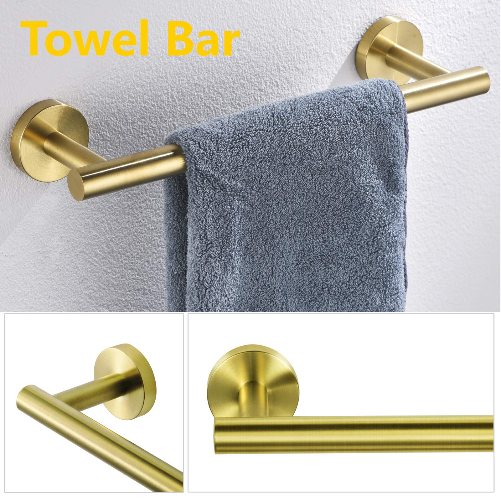 Nolimas 3-Pieces Brushed Gold Bathroom Hardware Set SUS304 Stainless Steel Round Wall Mounted Includes 12'' Hand Towel Bar Toilet Paper Holder Robe Towel Hooks Bathroom Accessories Kit