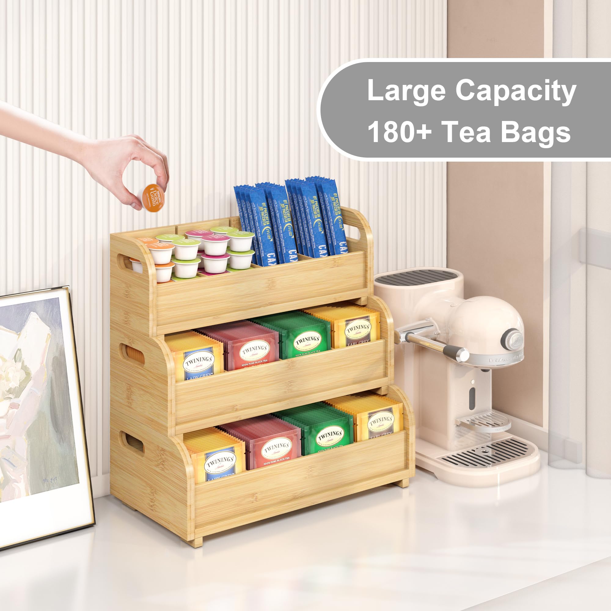 Tea Holder For Tea Bags Organizer - Bamboo Tea Organizer For Tea Bags 3-Tier Stackable Wall Mount Large Capacity Tea Storage Box
