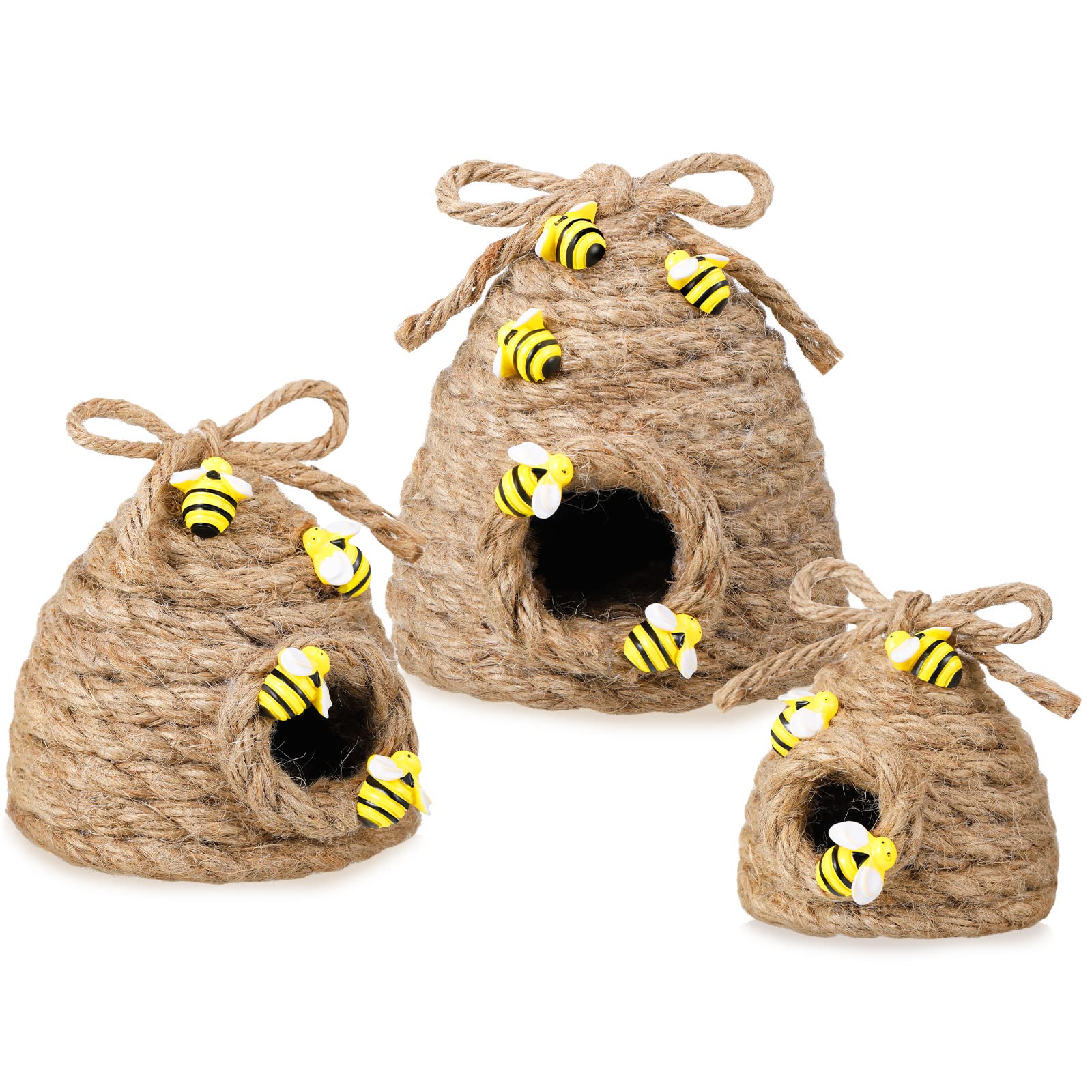 Jutom 3 Pcs Bee Hive Decor Honey Bee Tiered Tray Decor Summer Spring Bee Decorations Mini Jute Beehive Farmhouse Kitchen Decor f