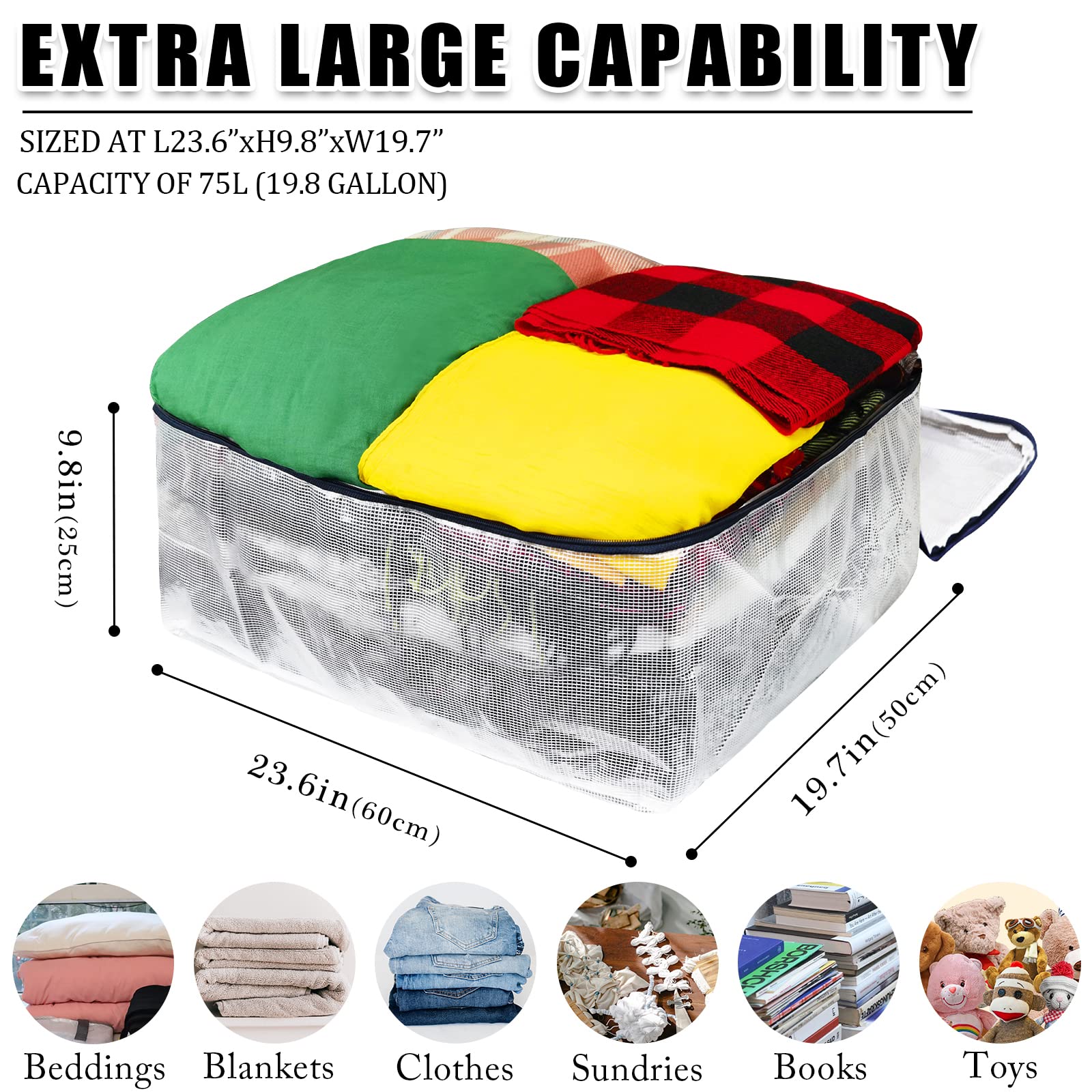 Ineetatu Clear Storage Bags with Zipper, 75L Extra Large Capacity - Closet, Underbed Storage Organizer for Clothes, Bedding, Com