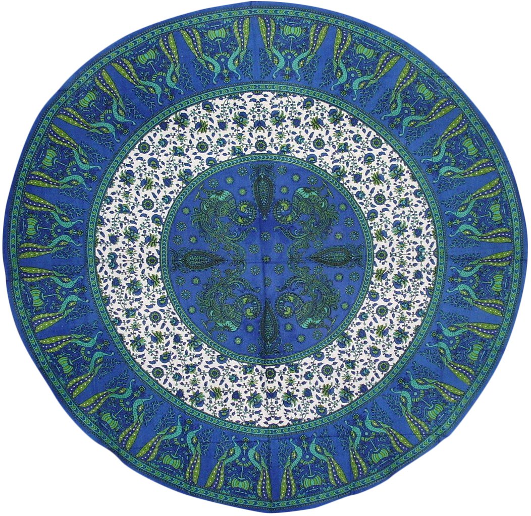 India Arts Floral Peacock Round Cotton Tablecloth 72 Blue