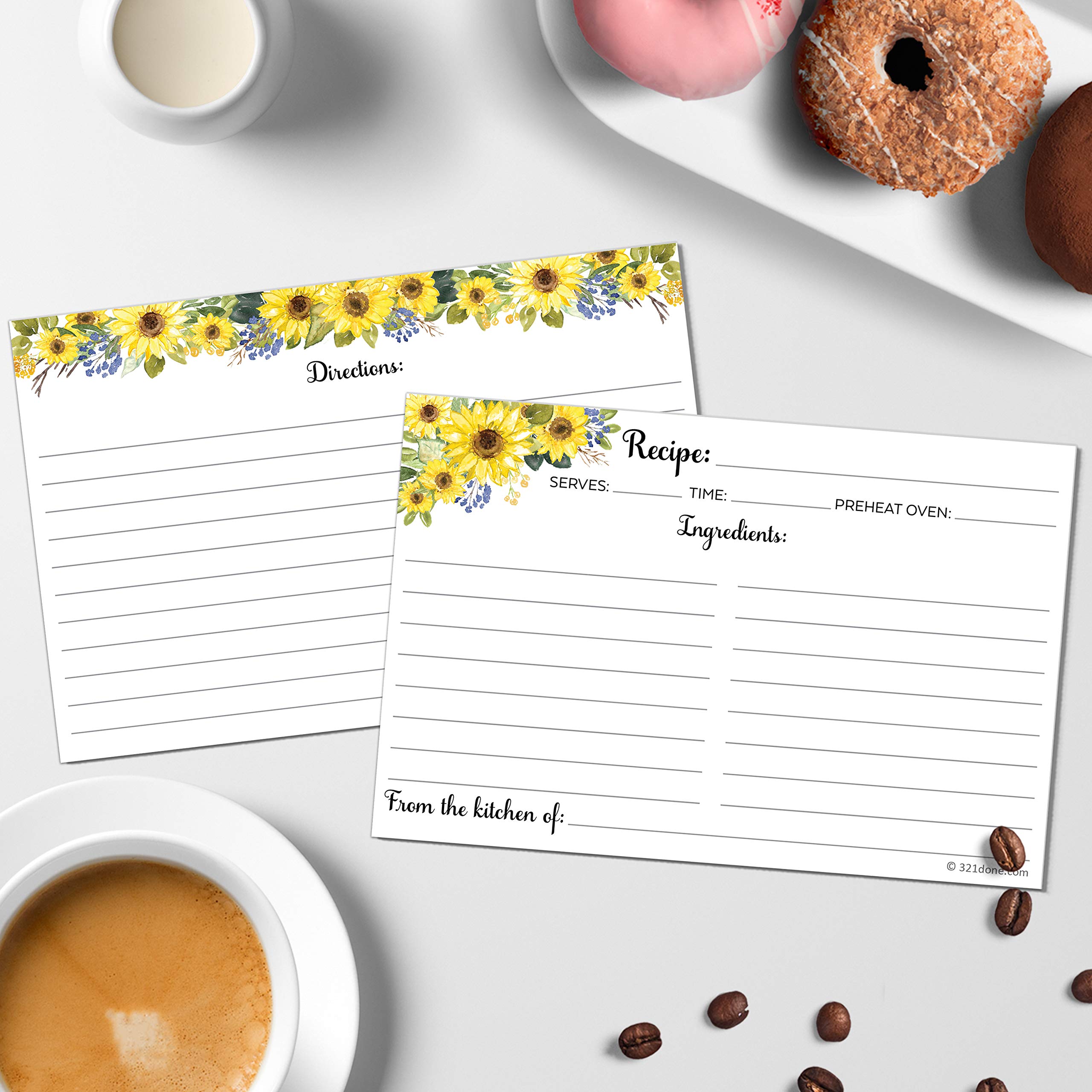 321Done Sunflower Recipe Cards (Set of 50) 4'' x 6'' Large - From the Kitchen Of - Double-Sided for Weddings  Bridal  Baby Shower - Made in USA