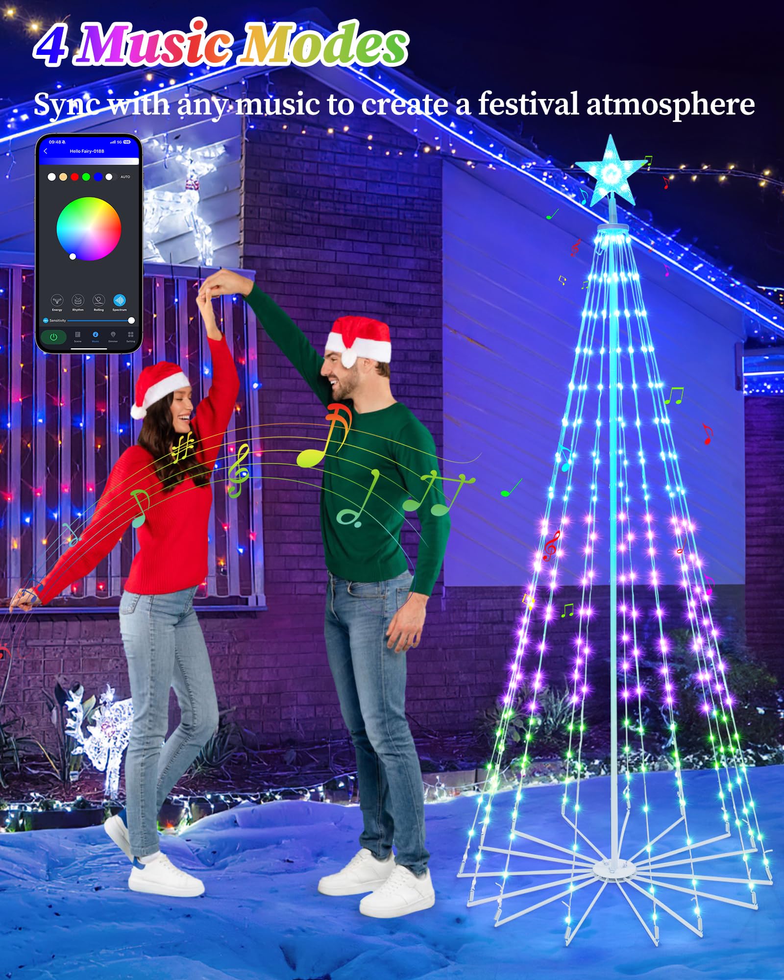 Brightever 8FT 355 LED Smart Cone Christmas Tree, Outdoor Prelit Christmas Tree with 16 Million DIY RGB LED Light Show, Remote A