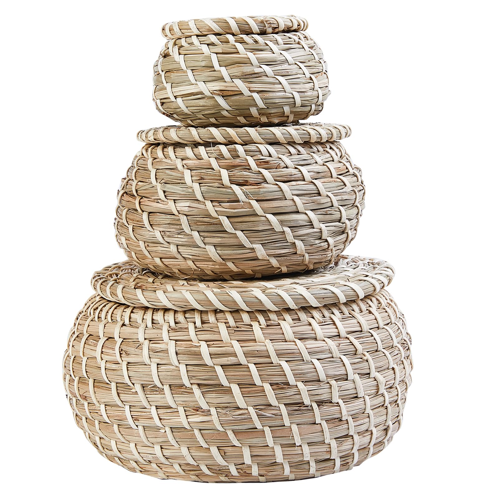 Small Wicker Basket With Lid, Round Woven Set Of 3 Seagrass Baskets, Little Handmade Rattan Storage Basket Box For Shelf, Bathro