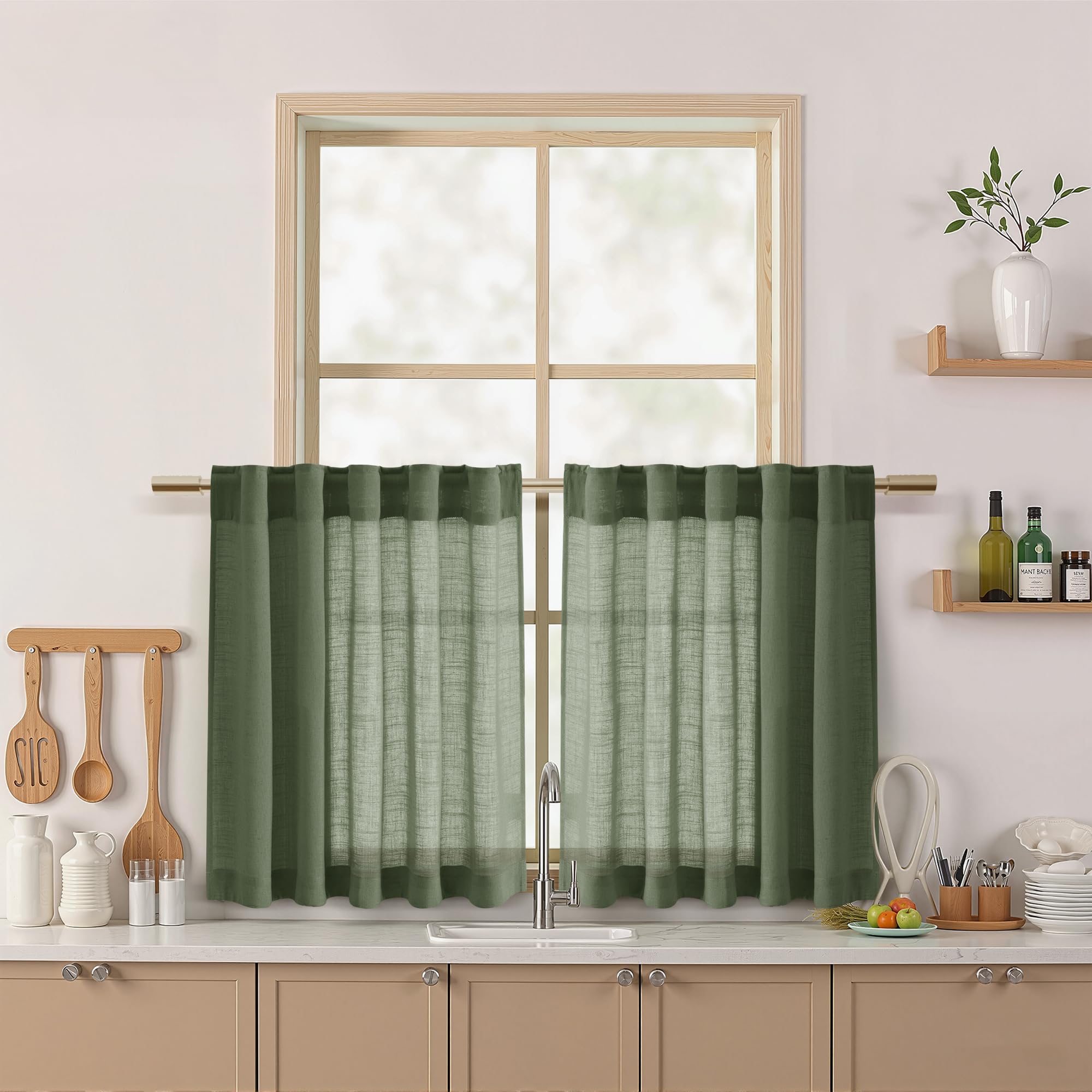Nanspring Olive Green Linen Curtains 24 Inch Length for Kitchen Small Windows Light Filtering Panels Back Tab and Rod Pocket Dra