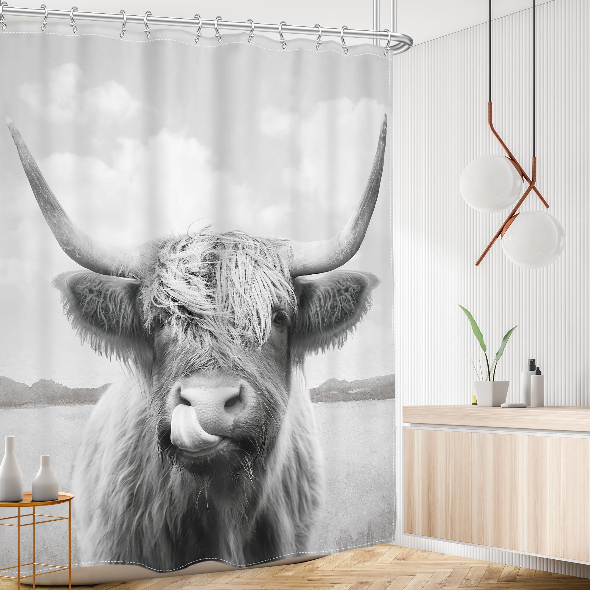 Ambzek Farmhouse Highland Cow Shower Curtain 72Wx72L Inch Rustic Cute Bull Western Country Funny Wildlife Farm Animal Artwork Cl