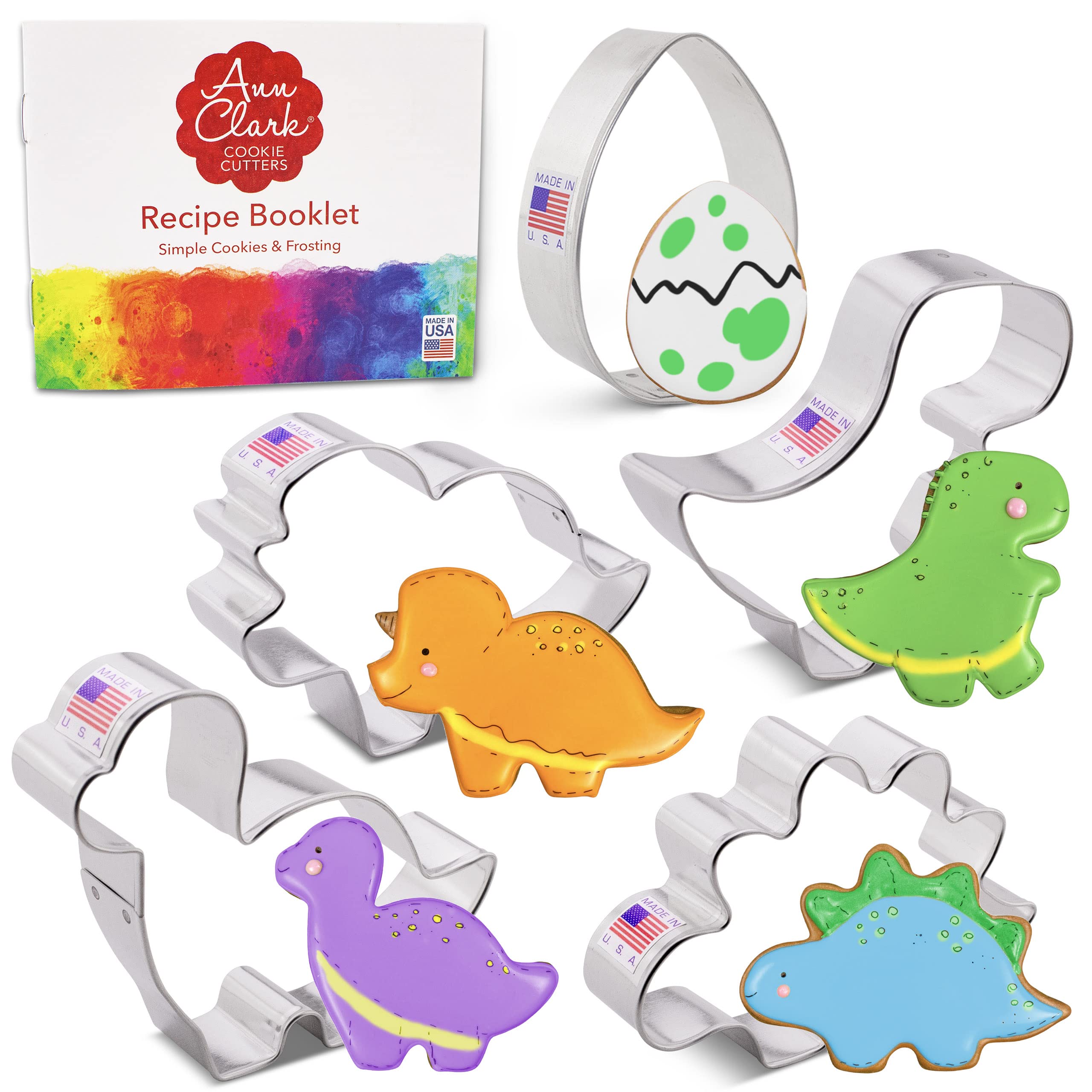 Dinosaur Cookie Cutters 5Pc. Set Made in USA by Ann Clark, Trex, Brontosaurus, Stegosaurus, Triceratops, Dino Egg