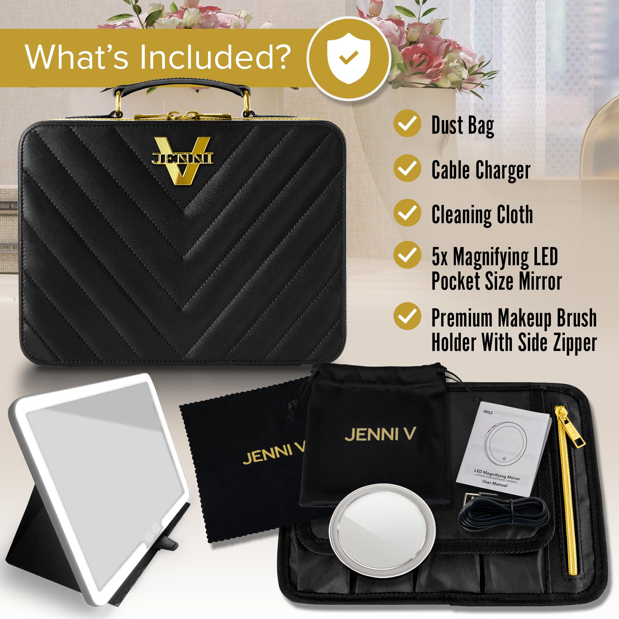 Jenni V Upscale Pu Leather Makeup Bag With Light Up Mirror, 3 Brightness Settings, Adjustable Dividers - Replace Your Bulky Vani