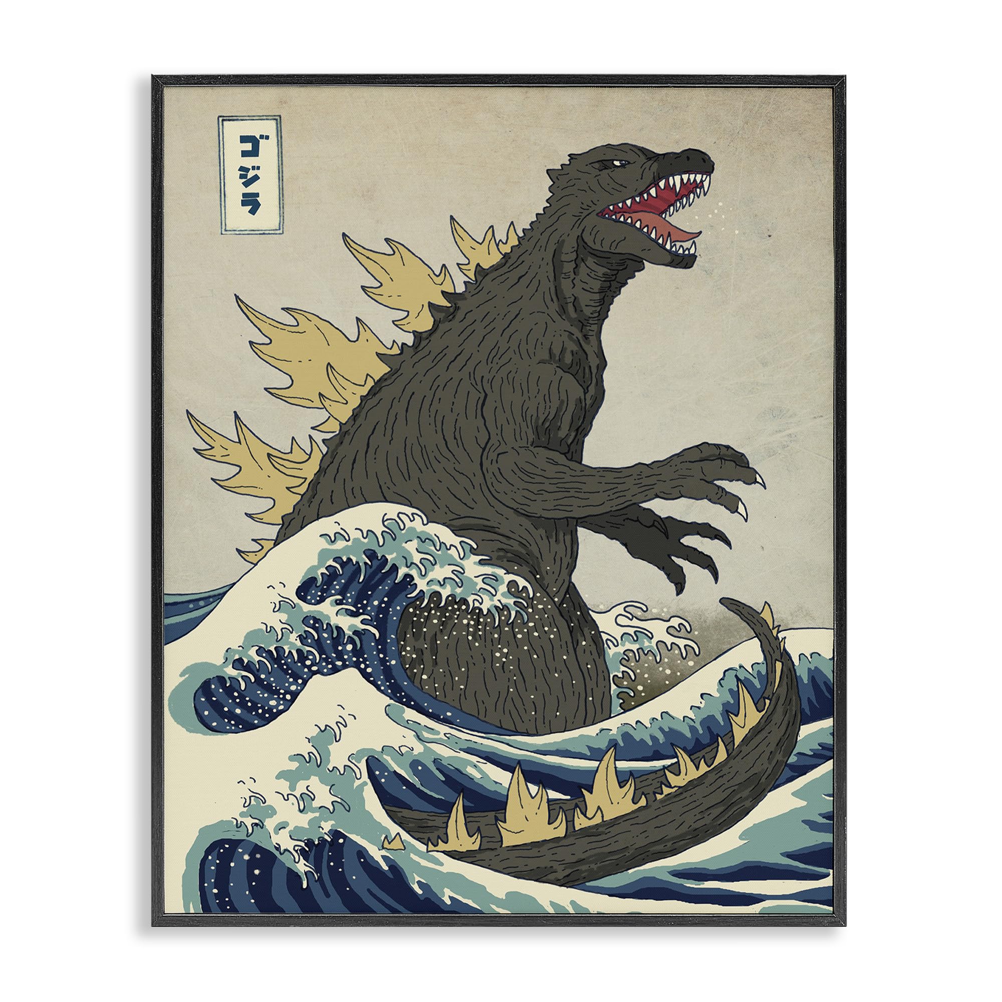 Stupell Industries Godzilla In The Waves Eastern Poster Style Illustration Framed Giclee Art Design By Artist Michael Buxton