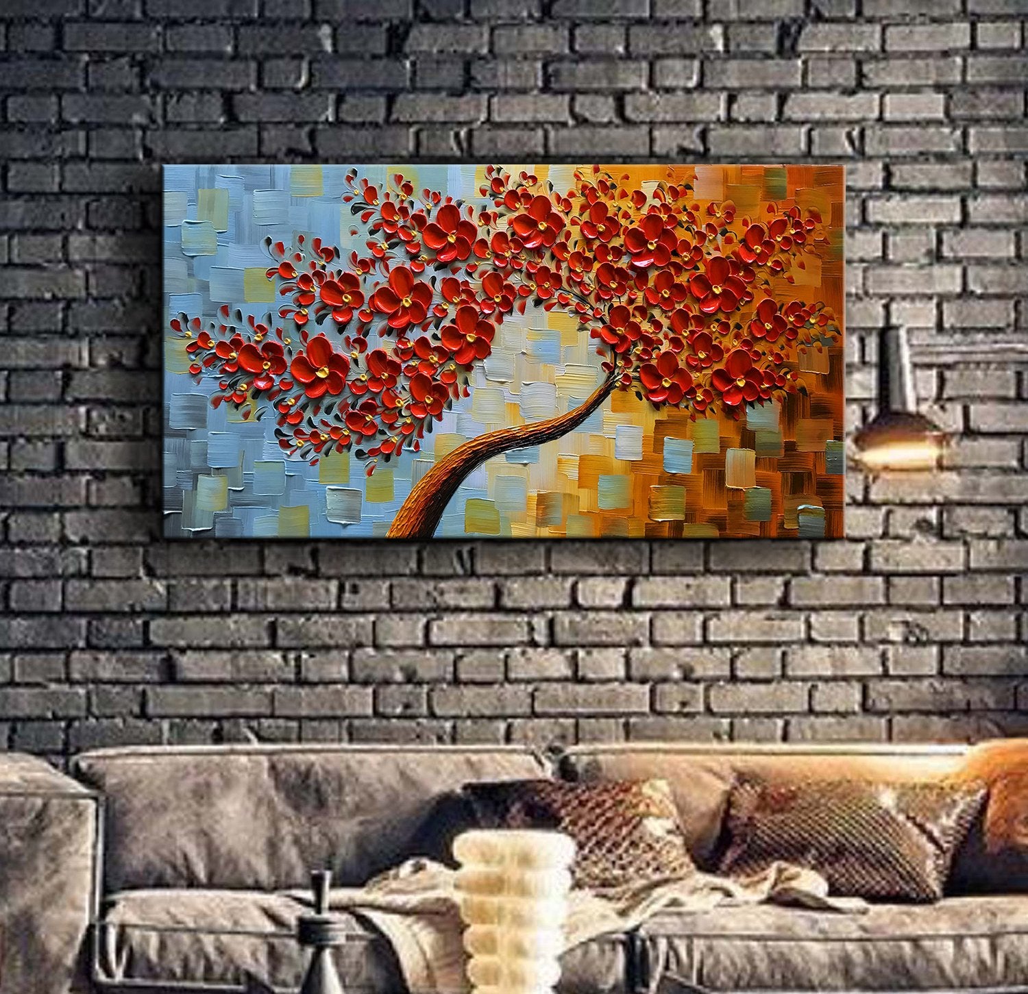 YaSheng Art -handpainted Contemporary Art Oil Painting On Canvas 3D Red Tree Paintings Modern Home Decor Wall Art for living room Ready to hang 24x48inch