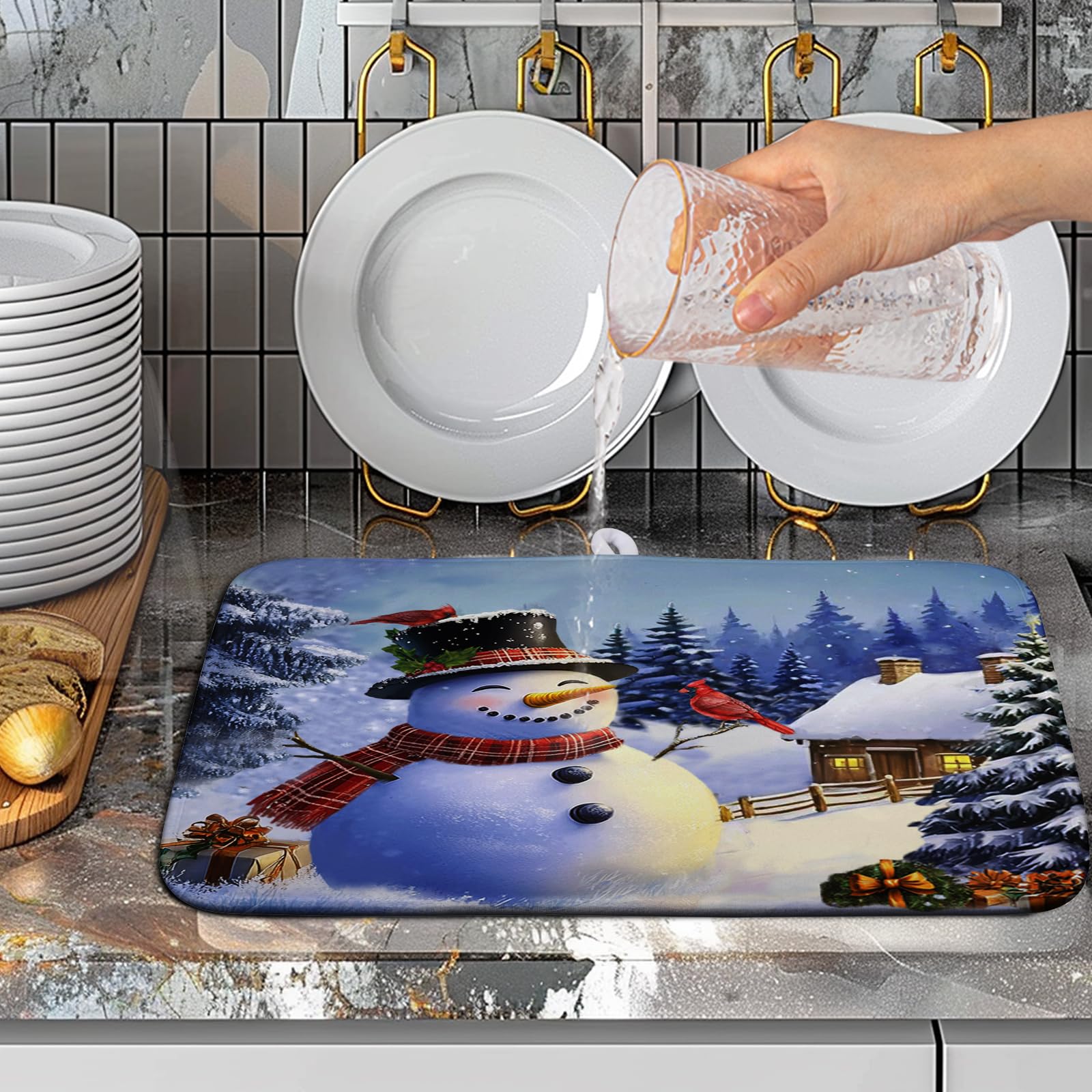 Winter Snowman Dish Drying Mat for Kitchen Counter 16x18 Snow Cardinals Pine Tree Christmas Drying Mats Microfiber Absorbent Dis