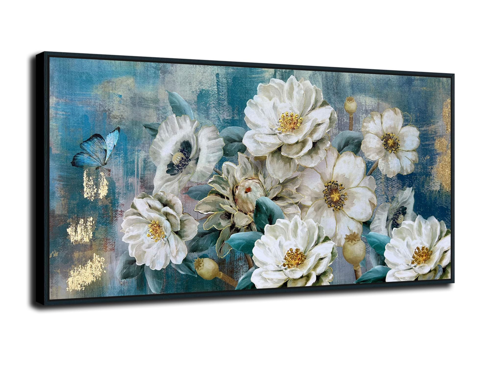 Arjun Flowers Canvas Wall Art White Elegant Modern Picture Gold Foil Colorful Painting Turquoise Floral Teal Artwork For Living