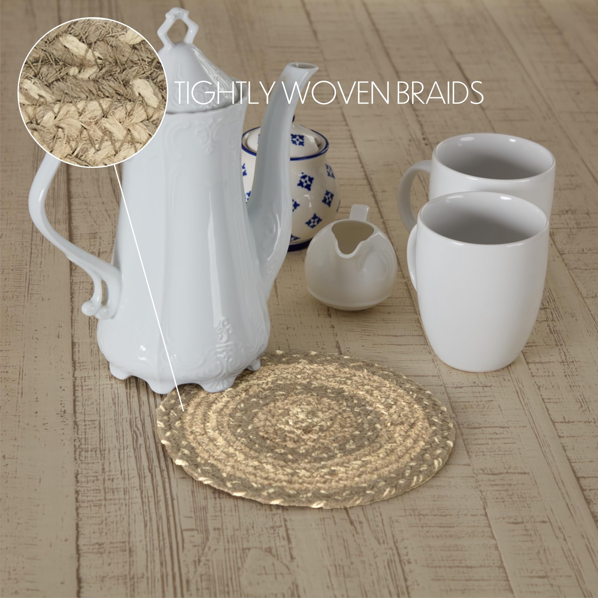 Vhc Brands Cobblestone Trivet Hot Pad For Pots Pans, Tan Grey White, Jute Blend, Round Circle, 8 Inches