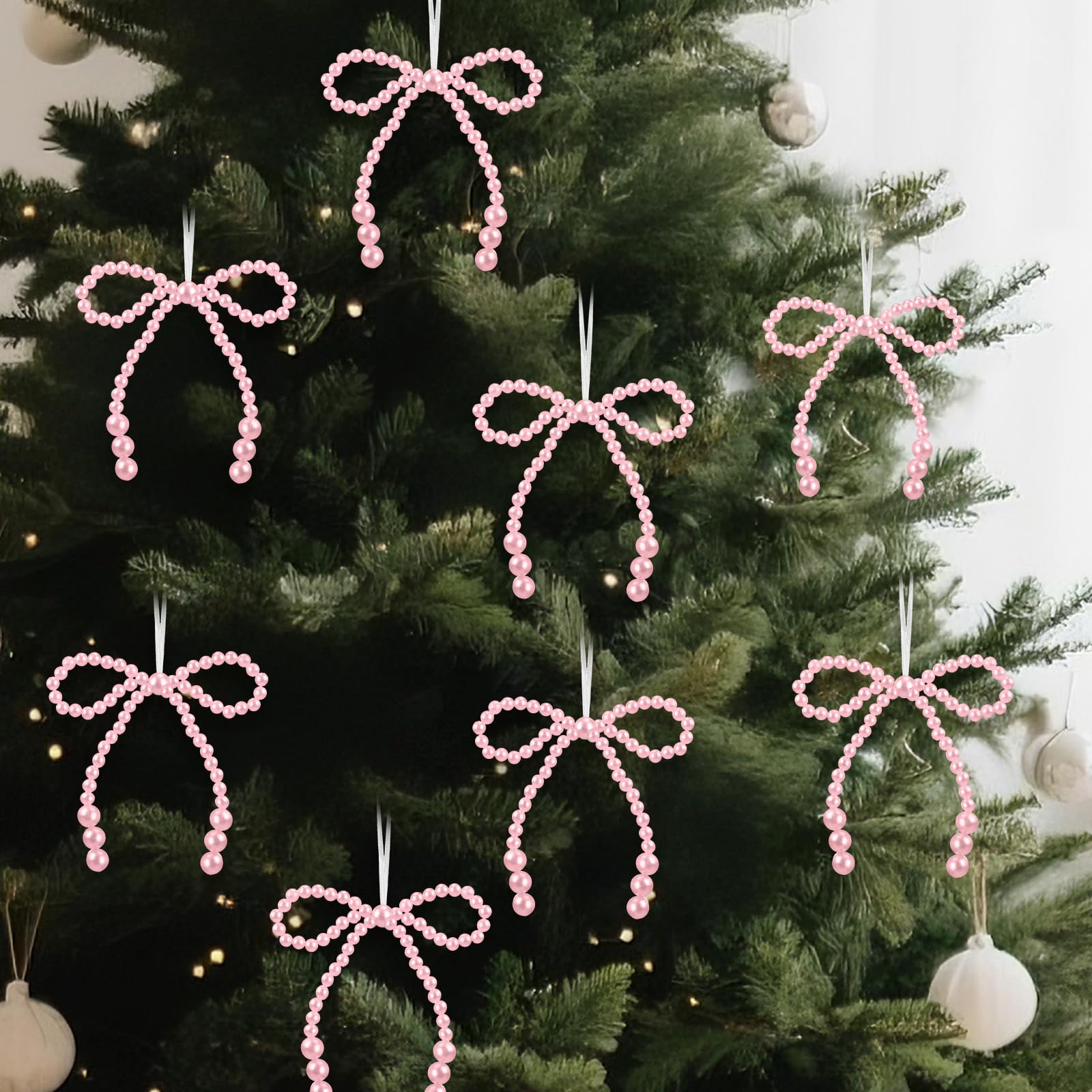 VioraWhite 12 Pcs Pearl Bow Christmas Ornaments Bowknot Tree Topper Decor Xmas Hanging Ornament Pendant Decoration Gift for Wedd