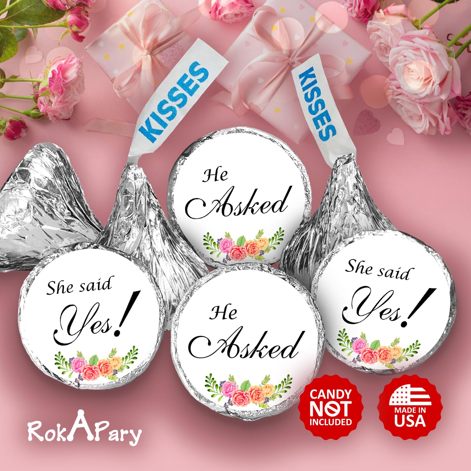 324 Floral Roses He Asked She Said Yes!  Kisses Wedding Stickers  Chocolate Drops Labels Stickers for Weddings  Bridal Shower Engagement Party Decorations  Favors for Kisses