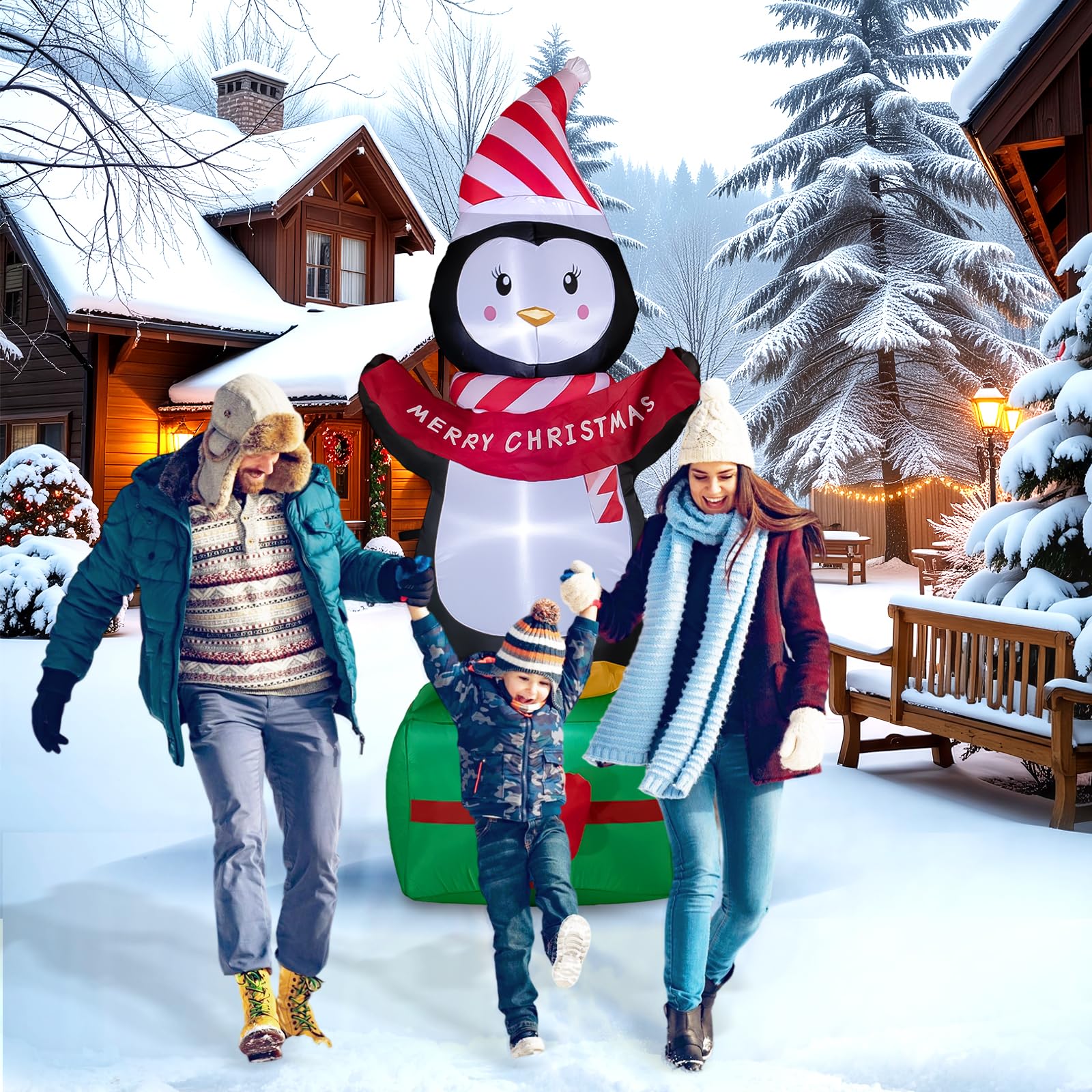 GIFTFIND 6FT Christmas Penguin Inflatables Decoration with LED Lights, Blow Up Outdoor Decoration for Christmas Party, Holiday X