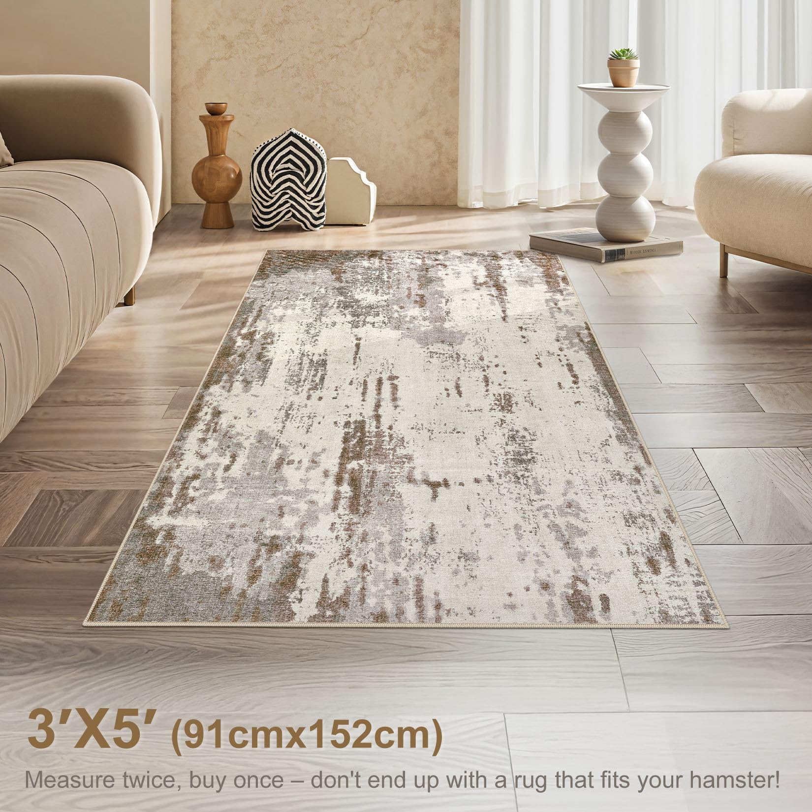 UERMEI 3x5 Area Rug Living Room Rugs - Washable Neutral Modern Abstract Soft Thin Rug Indoor Floor No Slip Rug Carpet for Bedroo
