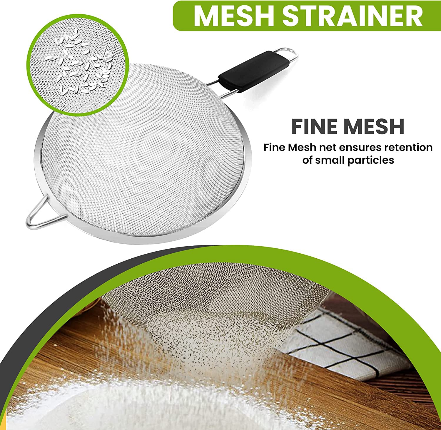 Kafoor 6.3'' Fine Mesh Strainer With Thermo Plastic Rubber Handle - Sieve Fine Mesh Stainless Steel - Ideal To Sift Flour, Icing