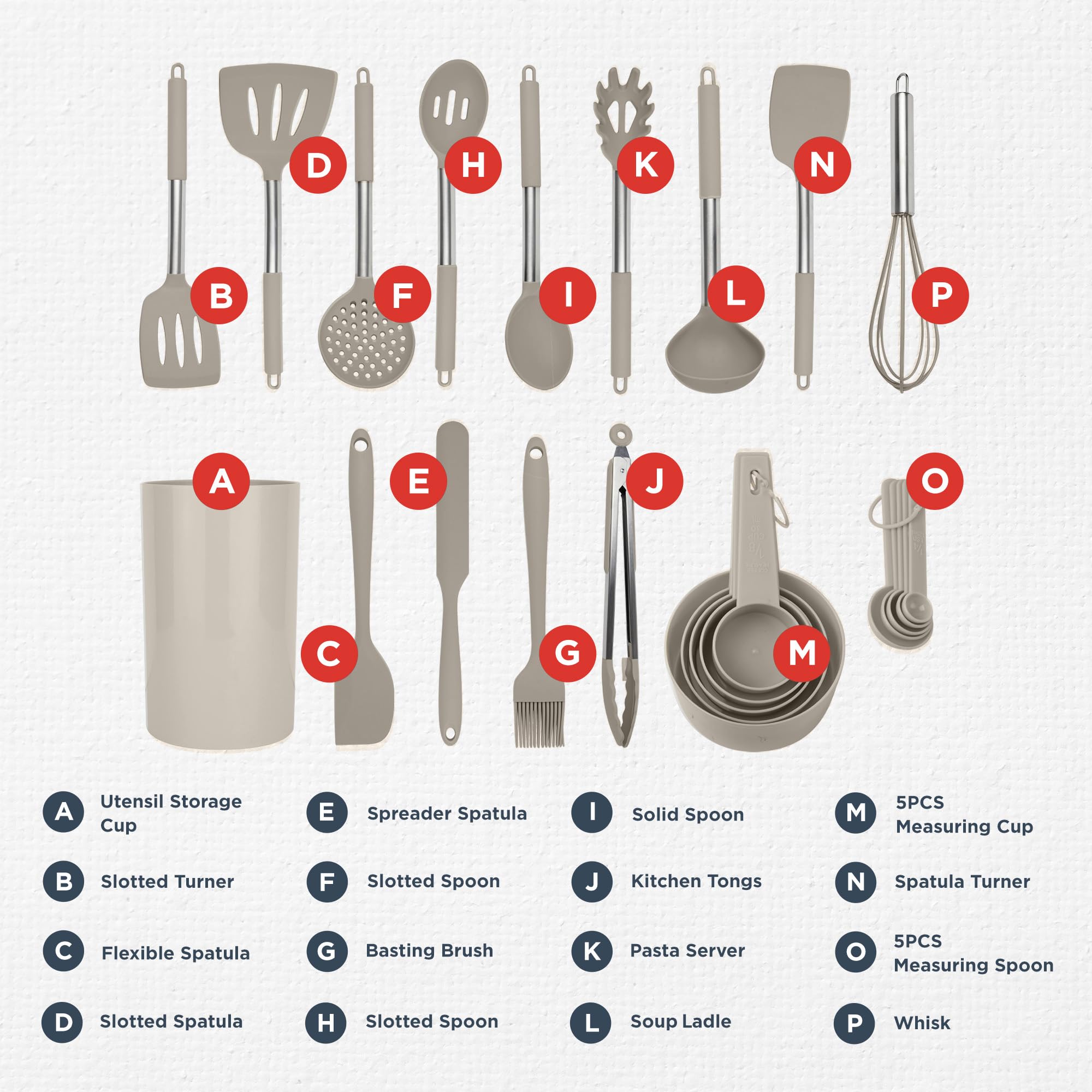 Silicone Kitchen Utensils Set - Culinary Couture 24-Pieces Khaki Silicone Cooking Utensils Set For Nonstick Cookware - Silicone