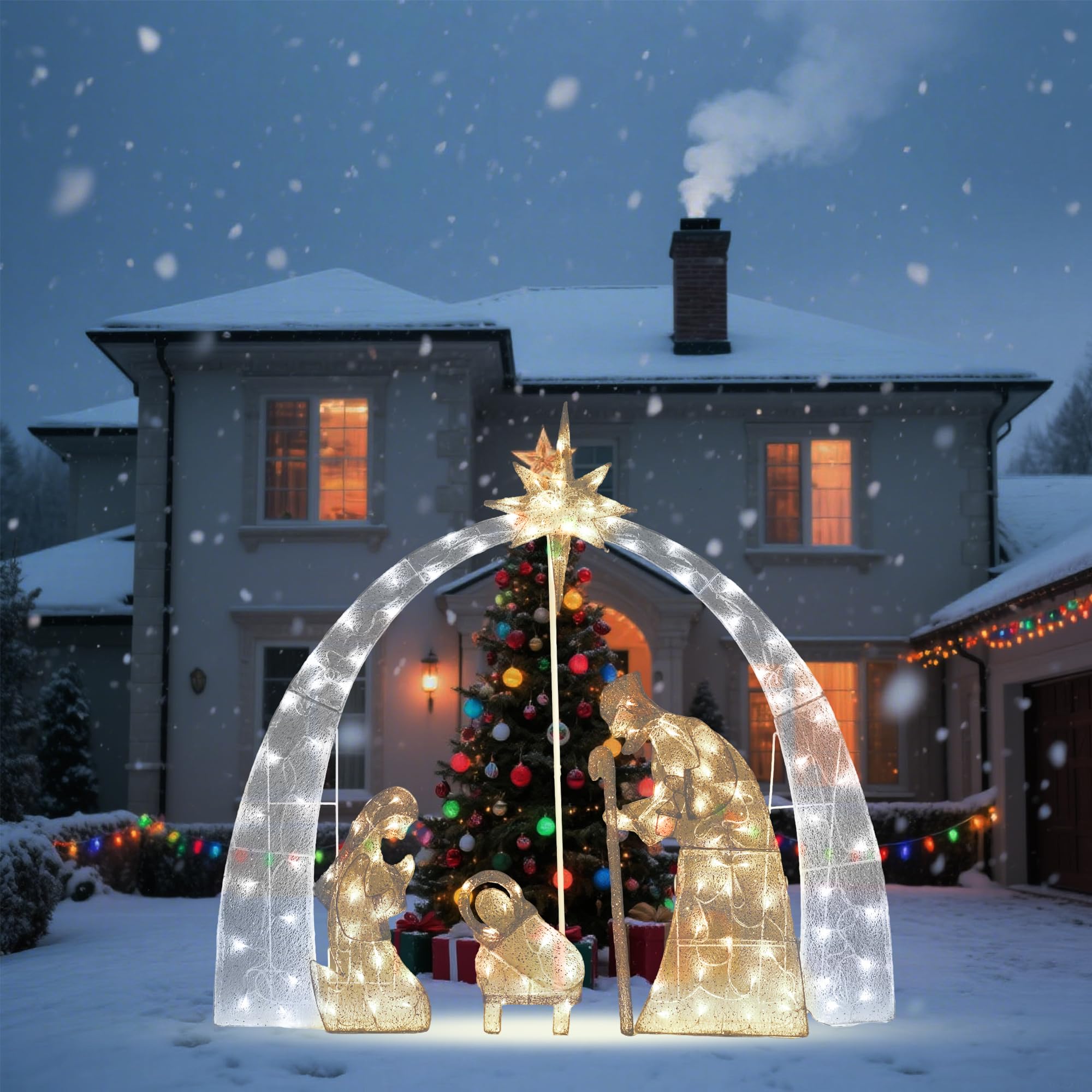 VELTENOVAIRE Outdoor Nativity Scene Christmas Decorations, 54 H Lighted Arch Holy Family Holiday Yard Set, Easy Setup, 115 Warm