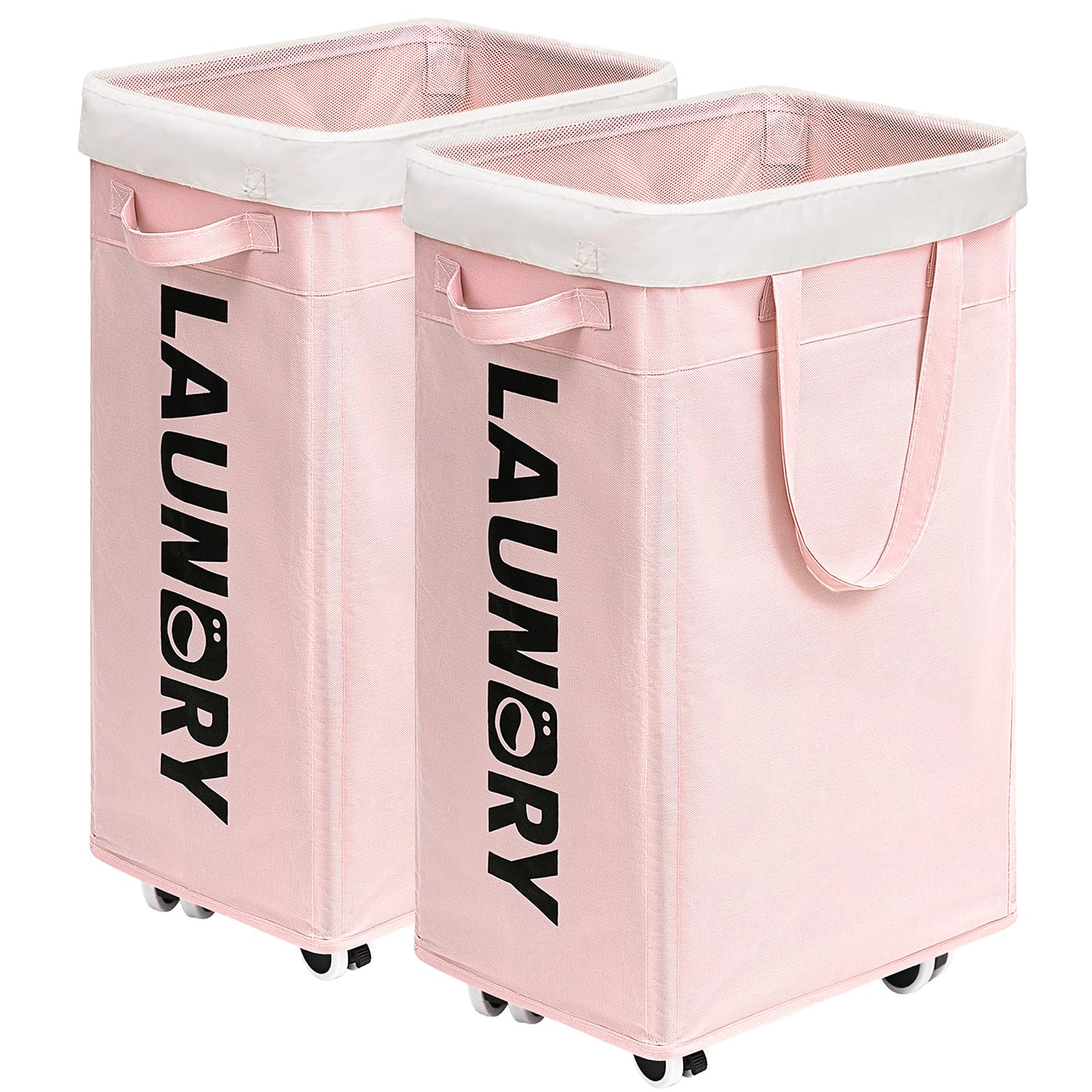 Goodpick Pink Laundry Baskets With Wheels 2-Pack, 75L Rolling Laundry Basket With Removable Wash Bags, Large Laundry Hamper For