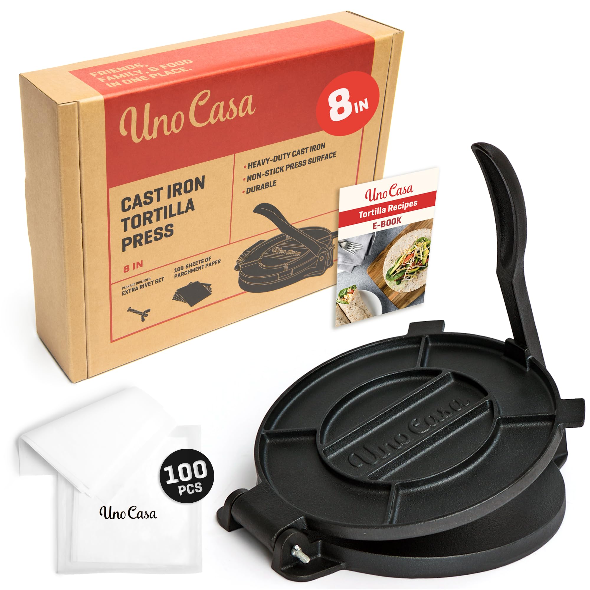 Uno Casa Cast Iron Tortilla Press 8 Inch - Tortilla Maker Press  Pre-Seasoned Roti Maker with 100 Pcs Parchment Paper  Heavy Duty Quesadilla Maker - Pataconera for Flour Tortilla  Tawa