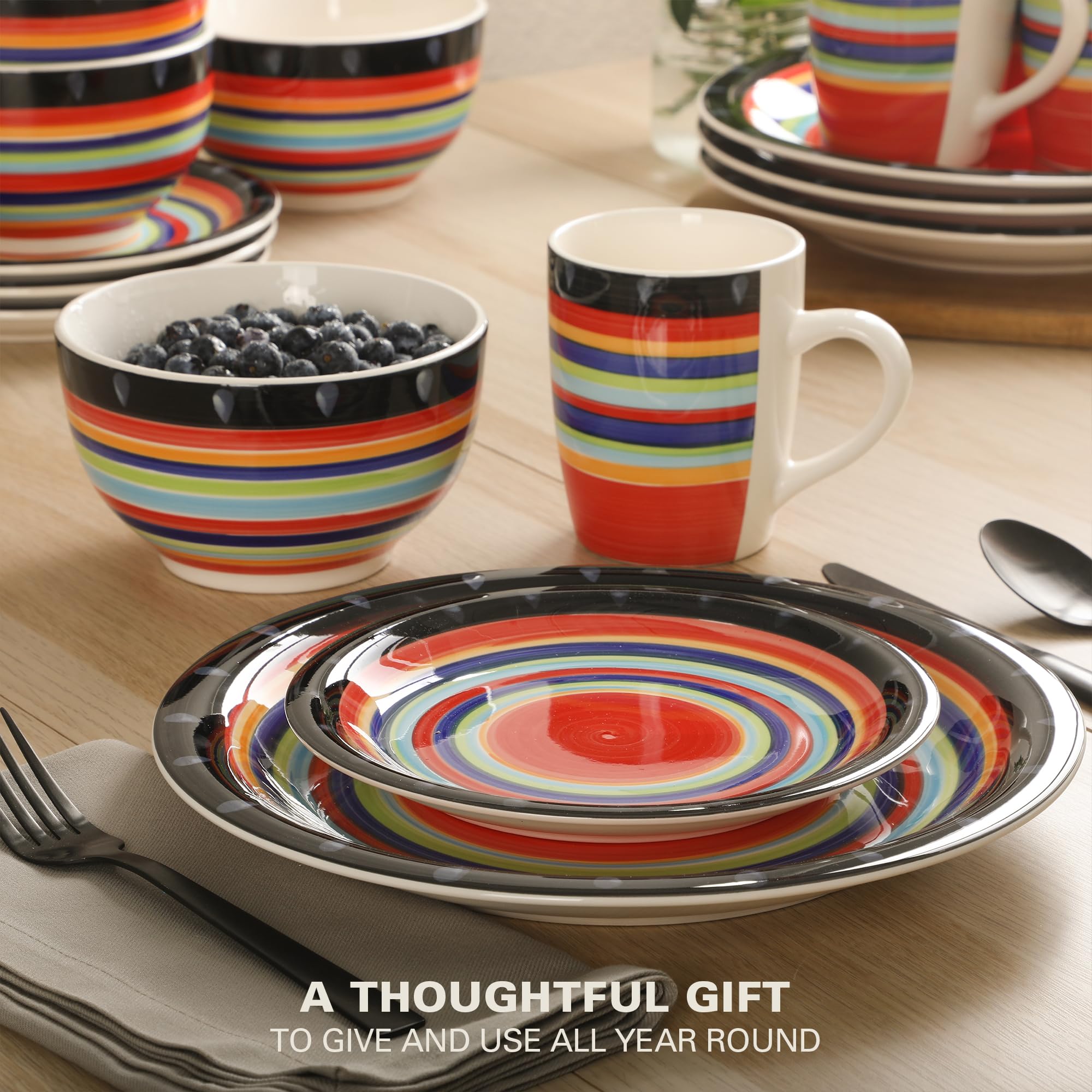 Gibson Home Festival Rings 16-Piece Stoneware Dinnerware Set - Colorful Hand-Painted Plates, Bowls & Mugs, Service for 4, Dishwa