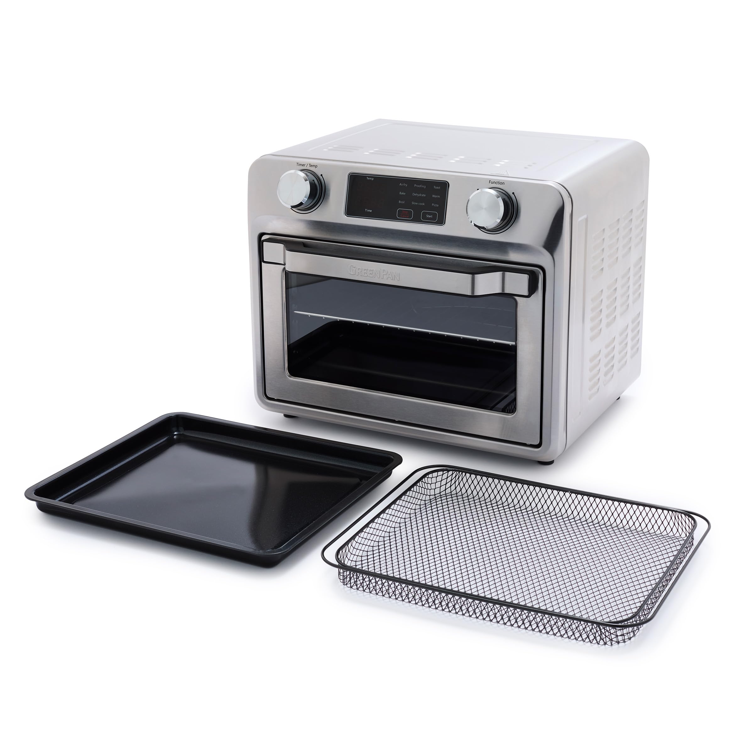 GreenPan Bistro Stainless Steel 9in1 Air Fry Oven, Nonstick Baking Pan, Stainless Steel Rack, and Basket, Fast Heating, Multif