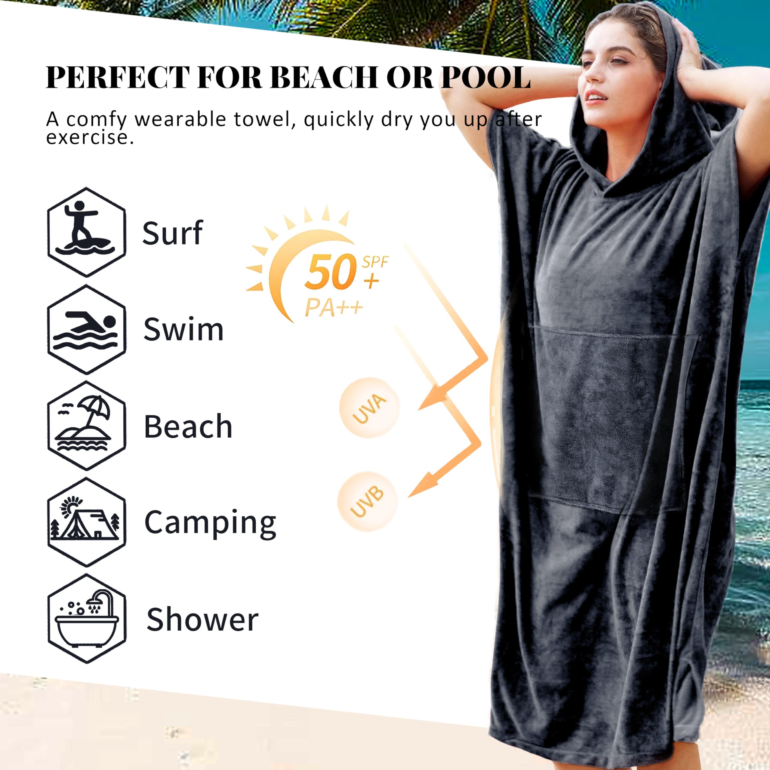 Catalonia Microfiber Surf Poncho with Pocket  Absorbent Change Towel Robe for Outdoor Sports  Swimming  Camping  Hiking  Cycling  Gym  Fitness  Skiing -Soft  Quick Drying