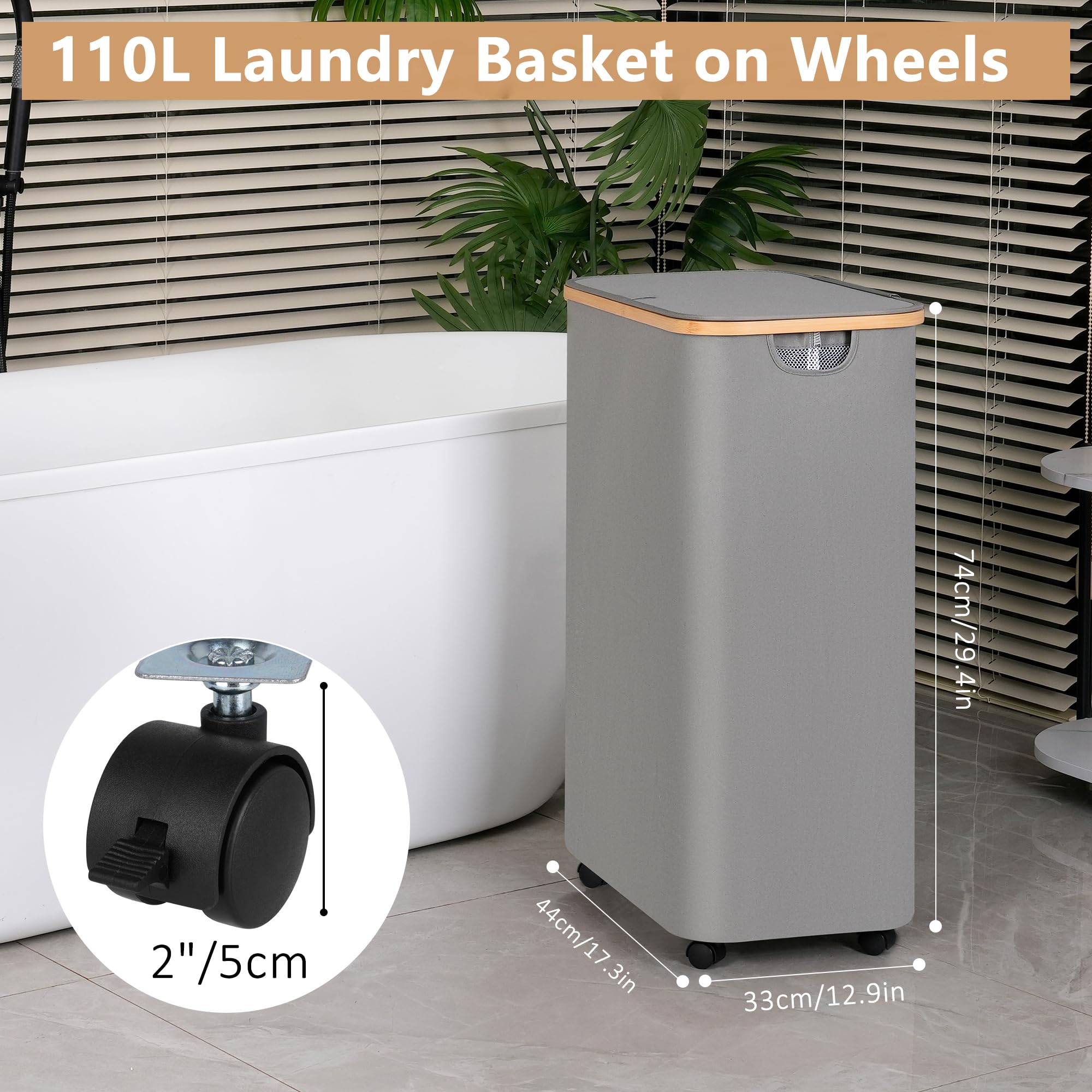 Iegrow Laundry Basket With Wheels (Grey), 110L Mit Rdern, Gray