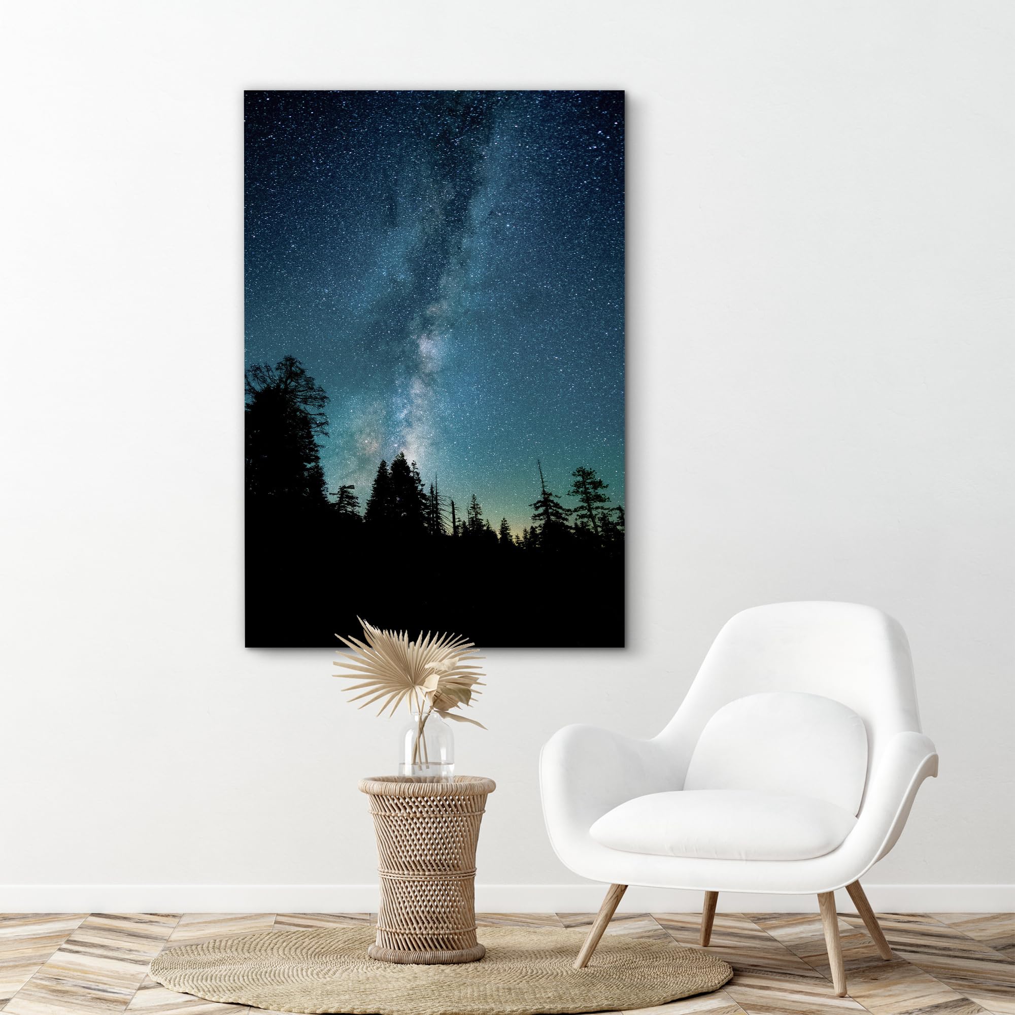 Signford Canvas Print Wall Art Navy Blue Teal Starlight Forest Silhouette Nature Wilderness Photography Realism Decorative Sceni