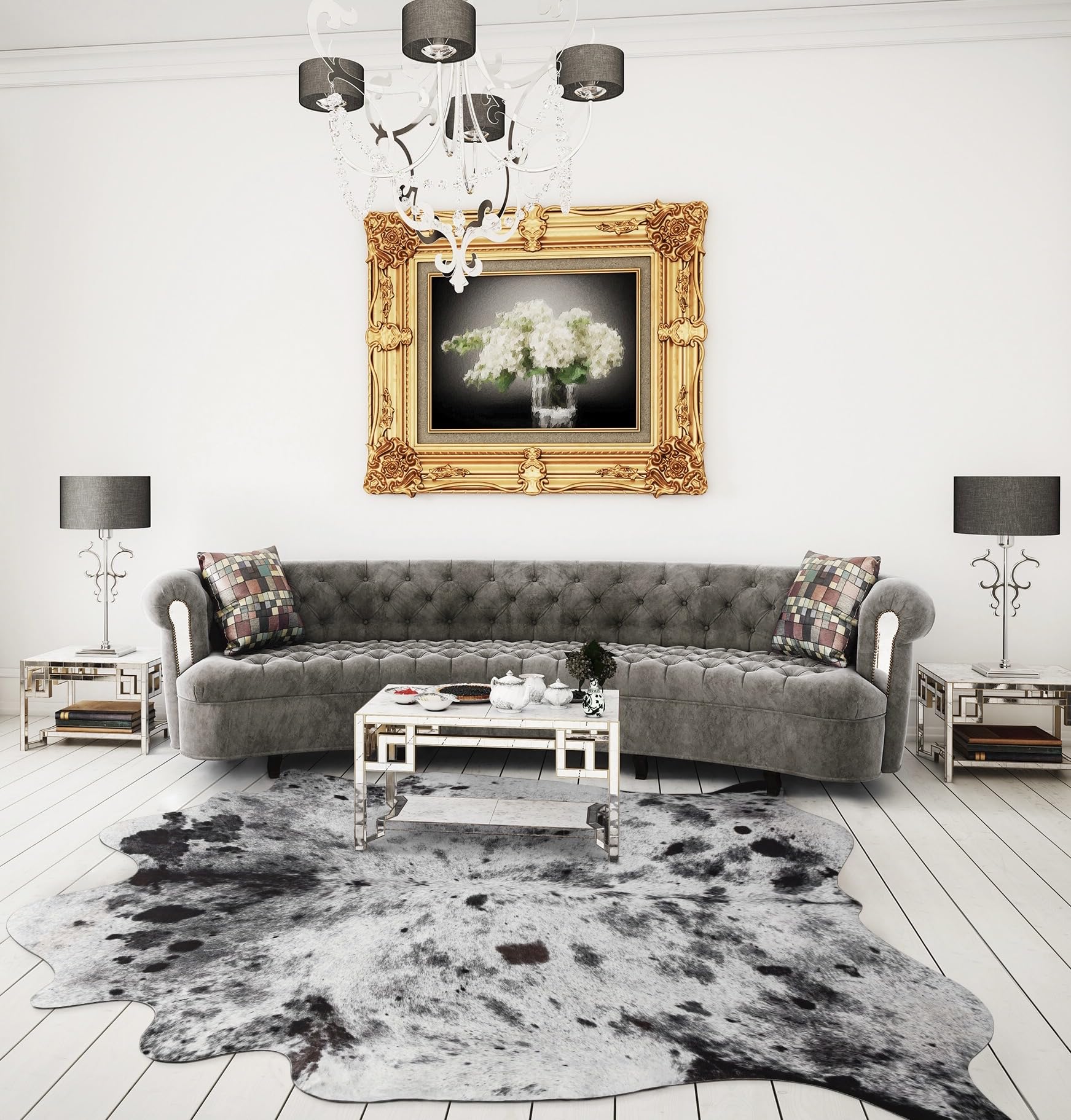 NEOCOZY Exquisite Cowhide Rug, 5.2 x 6.2 ft Faux Cowhide Rug for Living Room Bedroom, Cow Print Rug for Wall, Non-Slip, Grey Whi