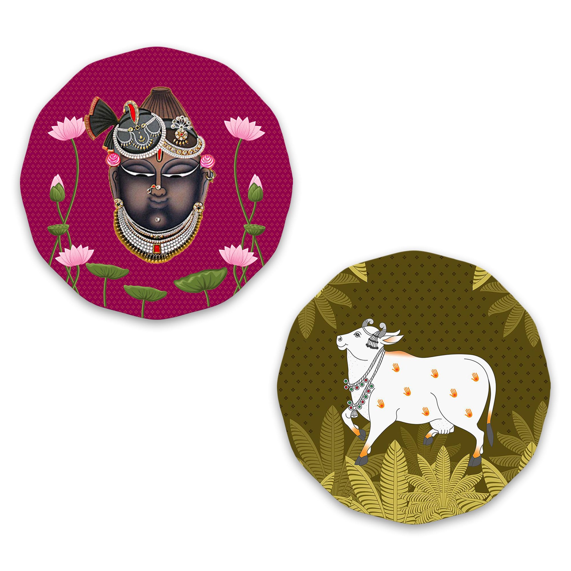 Artvibes Shrinath Ji & Sacred Cow Pichwai Art Round Shape Mdf Wooden Wall Decor Items | Living Room | Handcrafted Art | Wall Pos