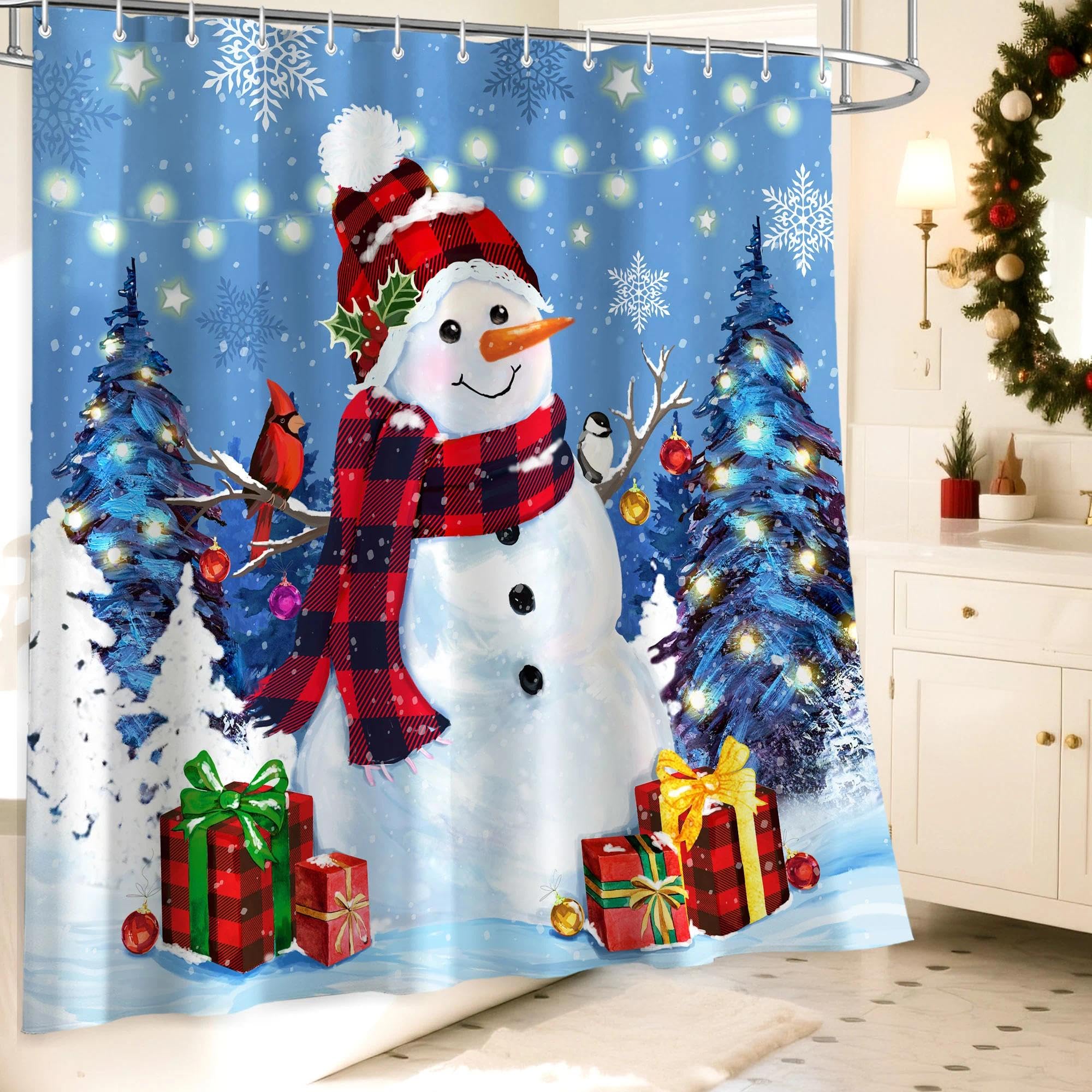 Bonsai Tree Christmas Shower Curtain, Snowman Shower Curtain for Bathroom Decor, Christmas Winter Snowman Curtains with Hooks 72