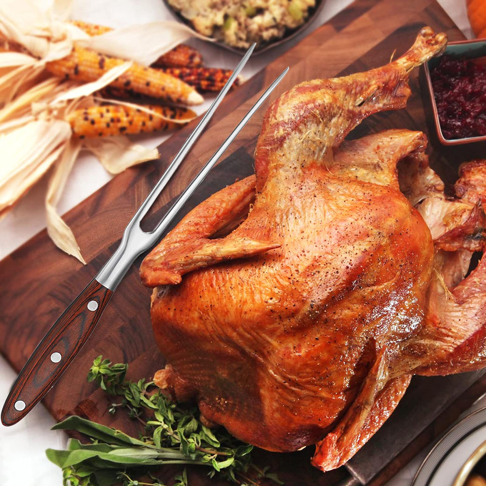 Vojaco Carving Fork, Metal Fork, 12 Inch Long Cooking Fork With Wooden Handle, Heavy Duty Stainless Steel Kitchen Serving Grill