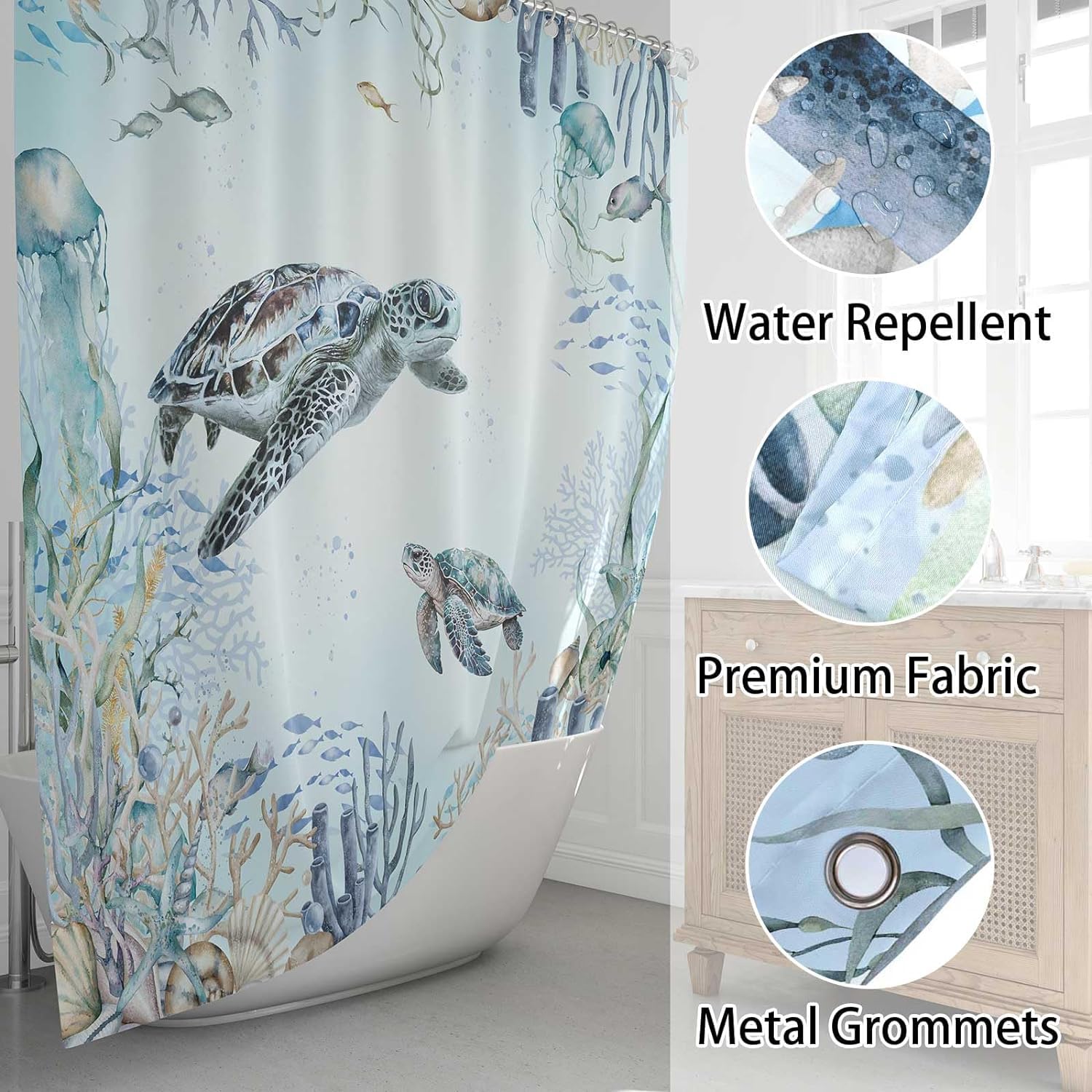 Emwnodti Sea Turtle Shower Curtain Coastal Beach Ocean Themed Bathroom Decoration, Underwater Marine Life Fish Jellyfish Coral T