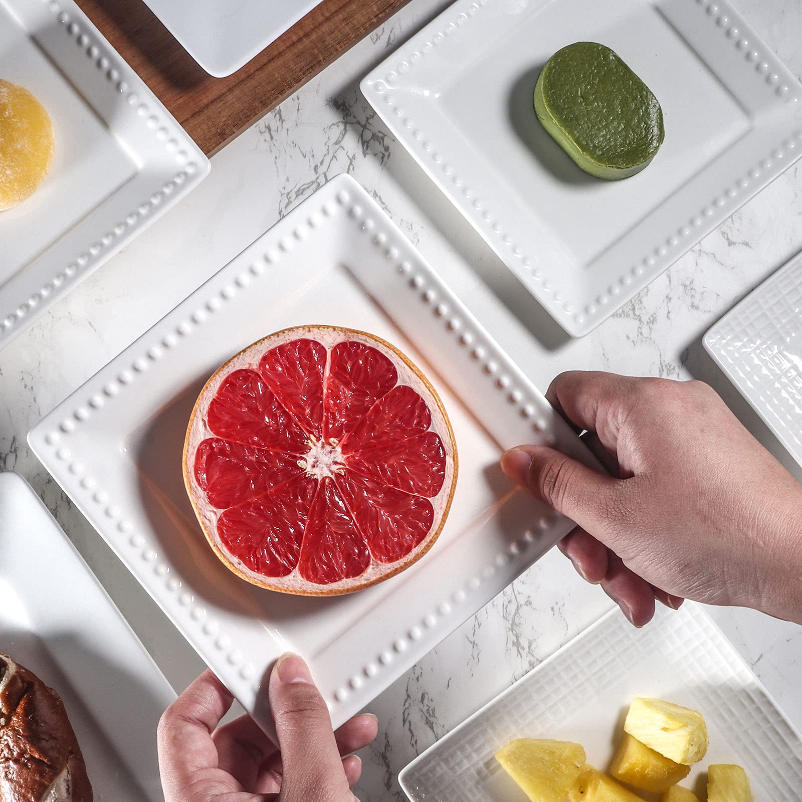 Wareland Appetizer Plates, Embossed Ceramic Dessert Plates, Salad Plates Set Of 6, 6 Inch White Square Dinner Plates For Snack,