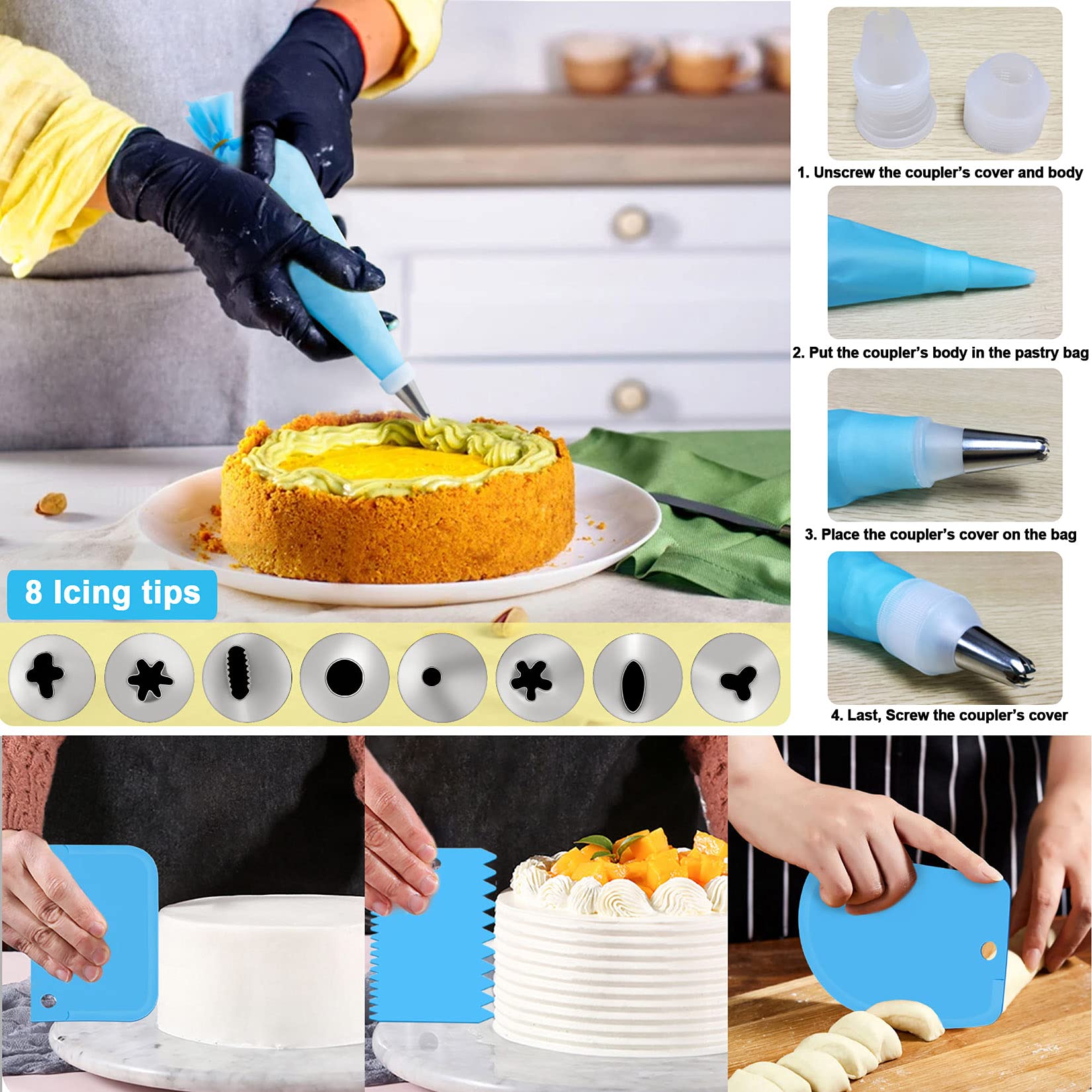 153Pcs Cake Baking Pan Set Decorating Supplies Kit, P&P Chef Stainless Steel 4/6/8/9.5 Inch Cake Pans With Icing Tips Tools, Par
