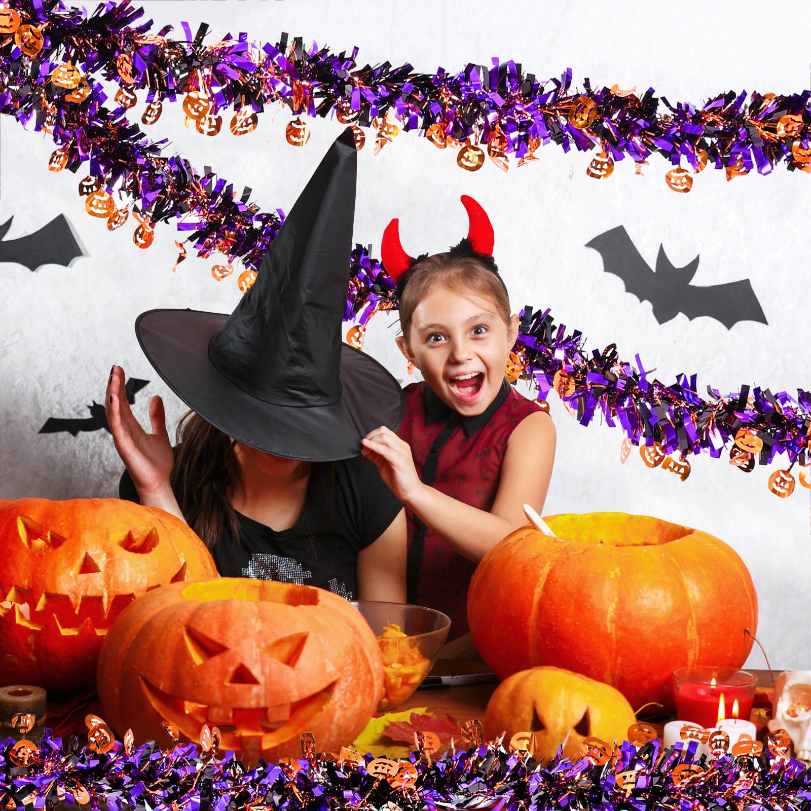 Mega-L Halloween Decorations, 27FT Halloween Tinsel Garland with Orange Pumpkin, Hanging Streamer Shiny Metallic Twist Garland f