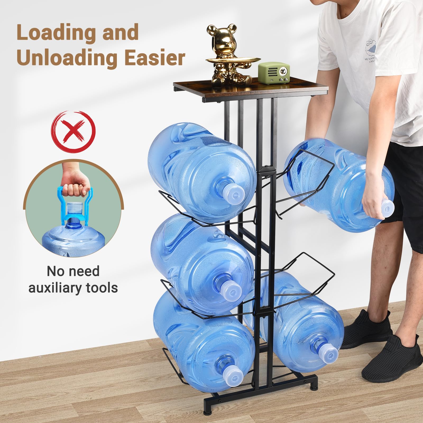 Carod 5 Gallon Water Jug Holder, Heavy Duty Water Jug Stand With Storage Shelves, 3-Tier Foldable 5 Gallon Water Bottle Holder W
