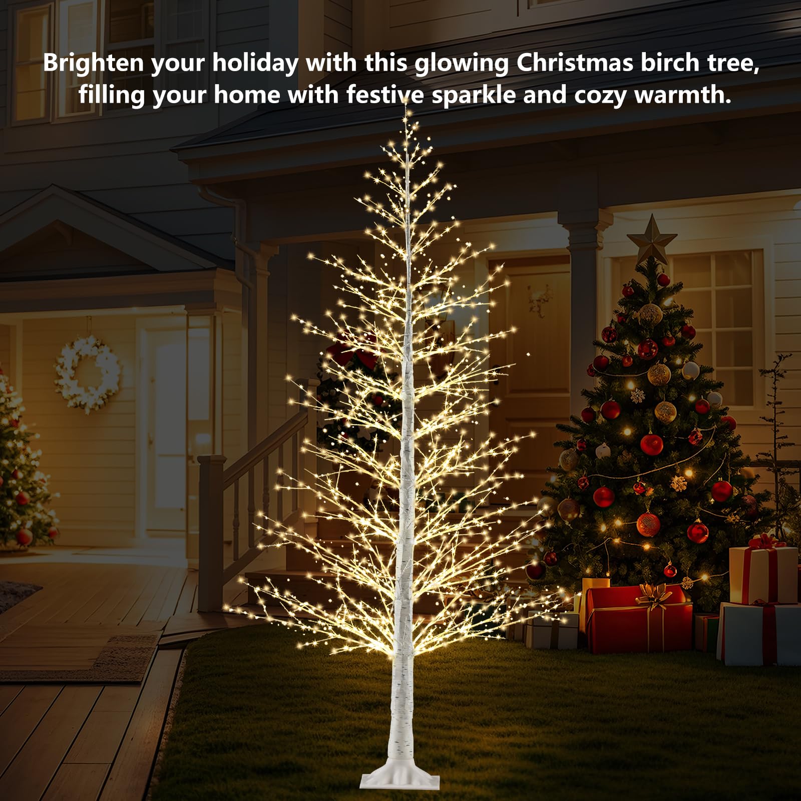 6FT Lighted Birch Tree with 1100 Warm White LEDs, Prelit Christmas Tree with Twinkle Lights, Birch Tree with LED Light for Outdo