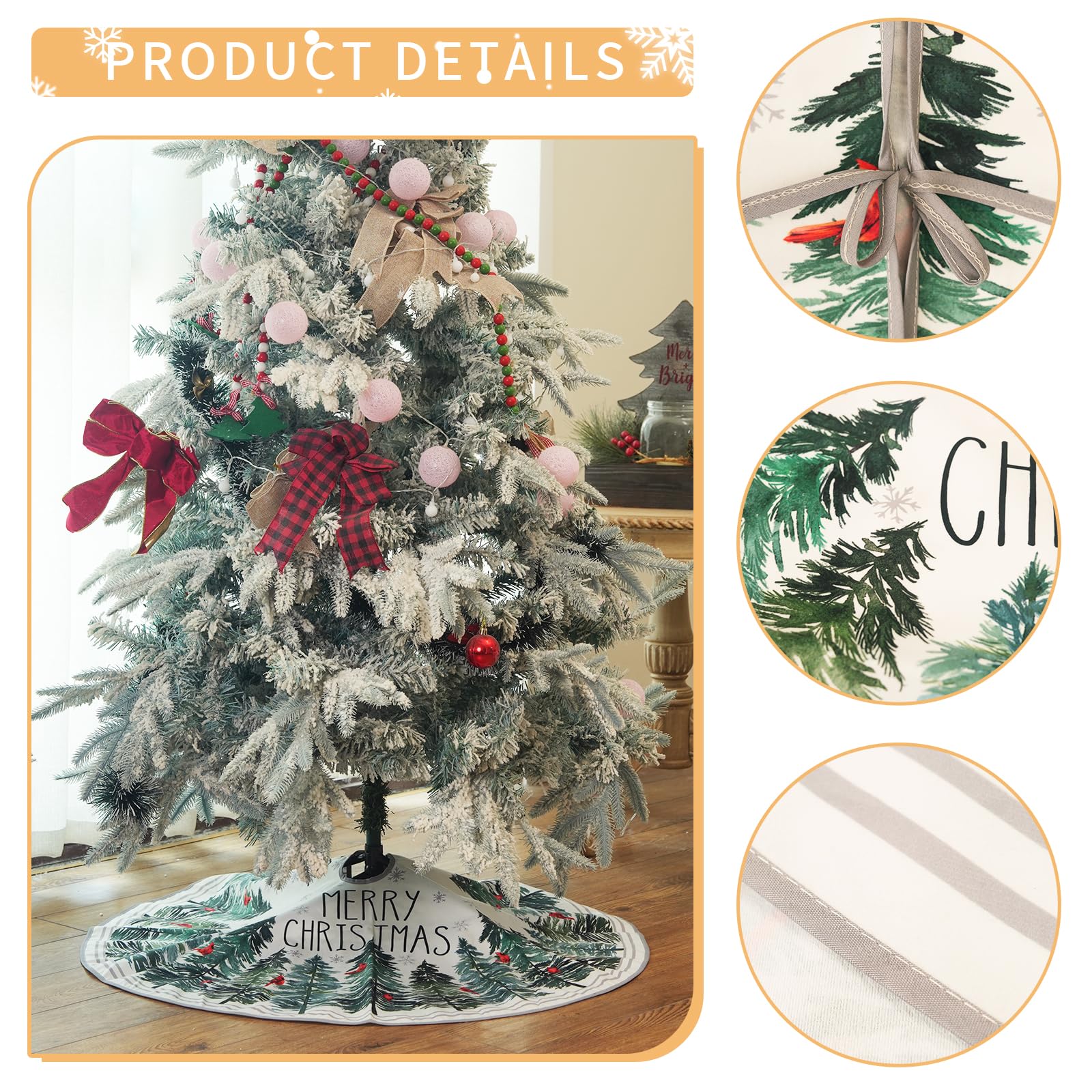 CROWNED BEAUTY Christmas Tree Skirt Collar 48 Inch Green Pine Trees Red Cardinals Soft Farmhouse Holiday Decoration (Green) TS37